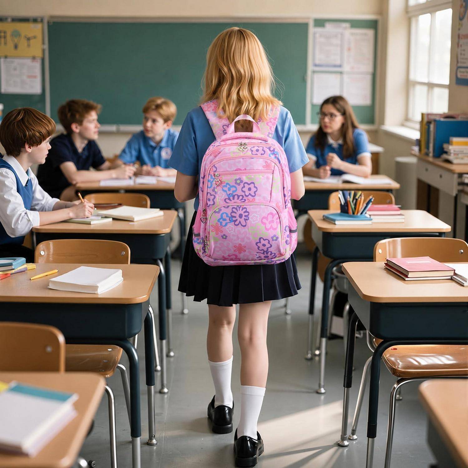 Mädchen mit rosa Rucksack, das in einem Klassenzimmer steht und den sitzenden Klassenkameraden und dem Lehrerpult zugewandt ist, was den ersten Schultag andeutet.