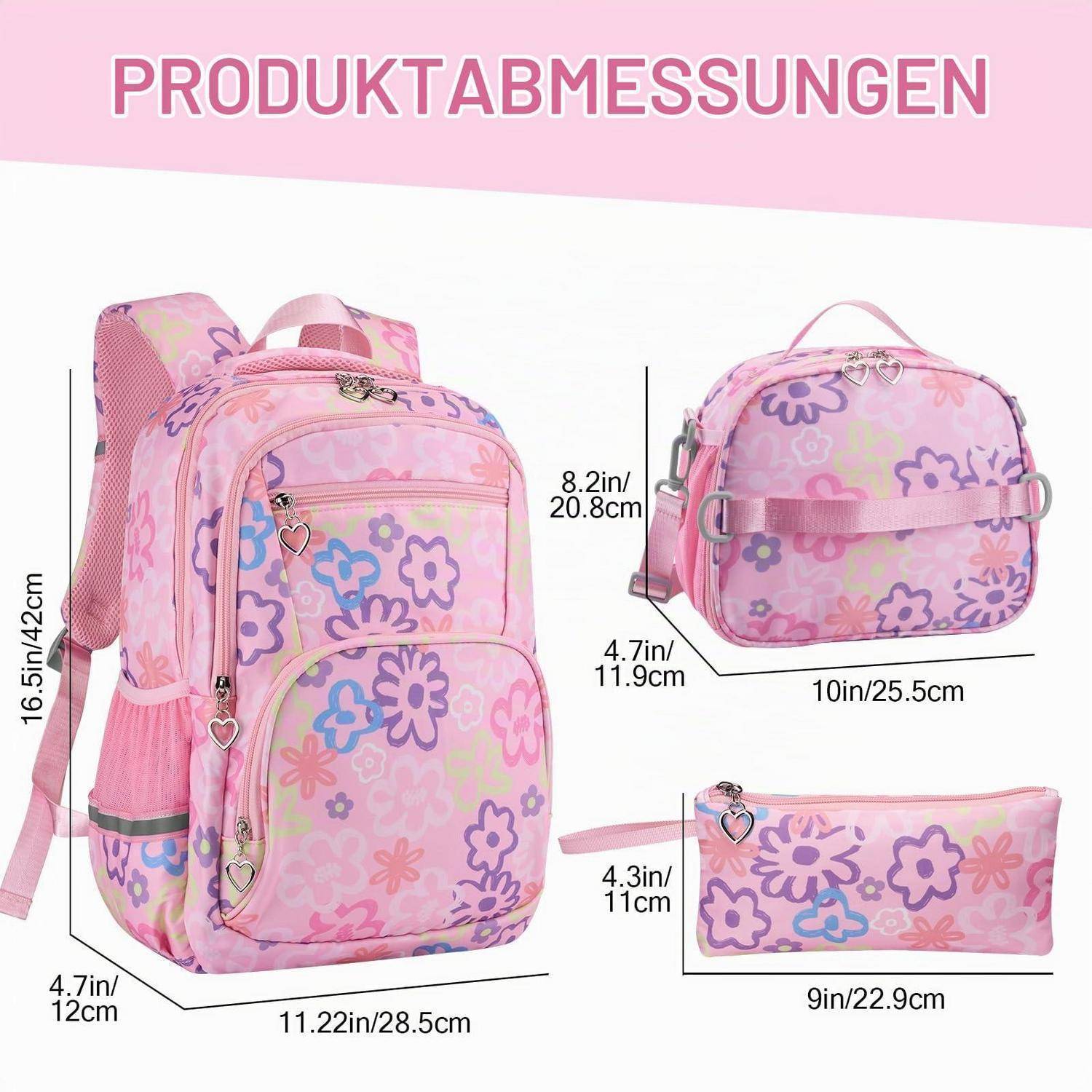 Produktabmessungen für ein rosa Rucksack-Set mit Blumenmuster: Rucksack 16,5 x 11,22 x 4,7 Zoll, Vordertasche 8,2 x 10 x 4,7 Zoll, Federmäppchen 4,3 x 9 Zoll.