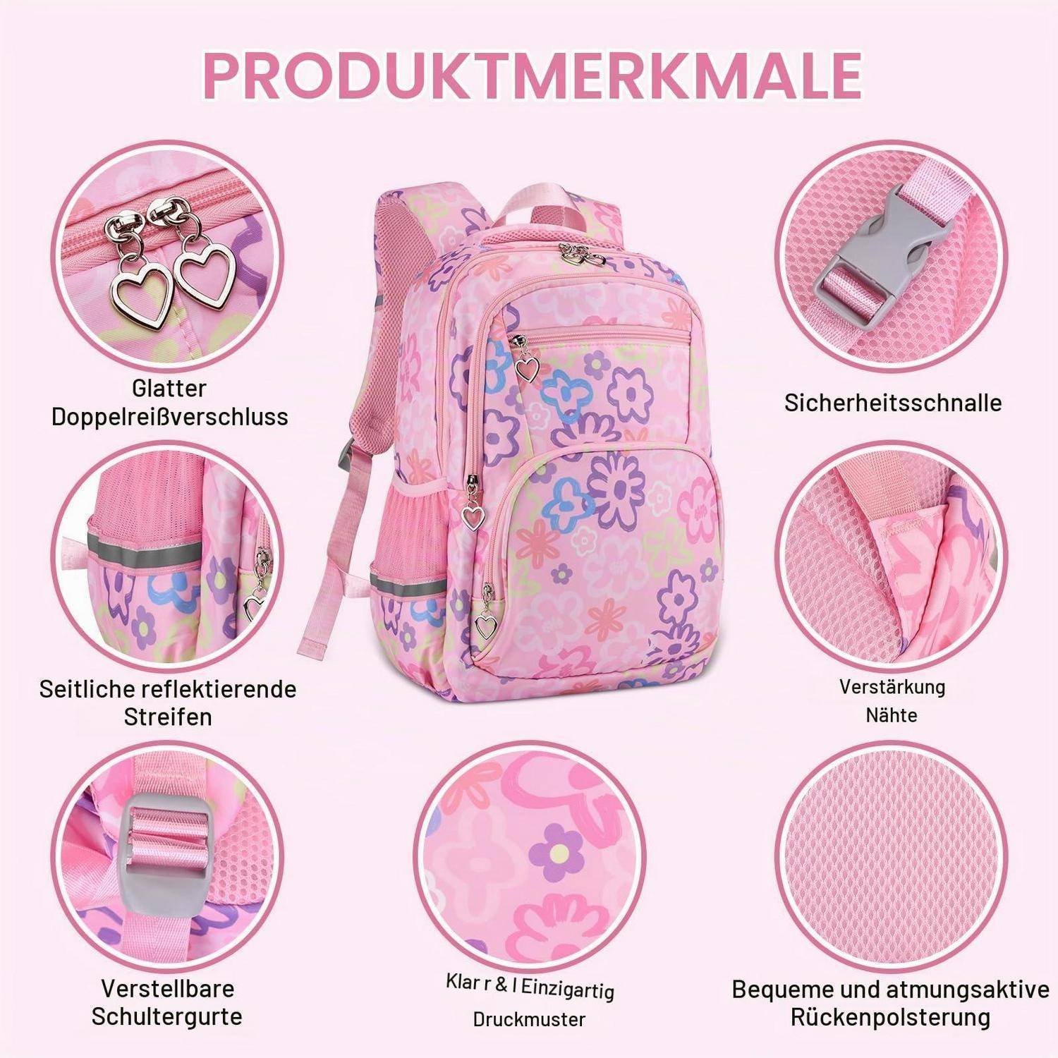 Schulrucksack mit rosa Blumenmuster mit gekennzeichneten Produktmerkmalen: Doppelreißverschluss, Sicherheitsschnalle, reflektierender Seitenstreifen, verstärkte Nähte, verstellbare Riemen und atmungsaktive gepolsterte Rückseite.