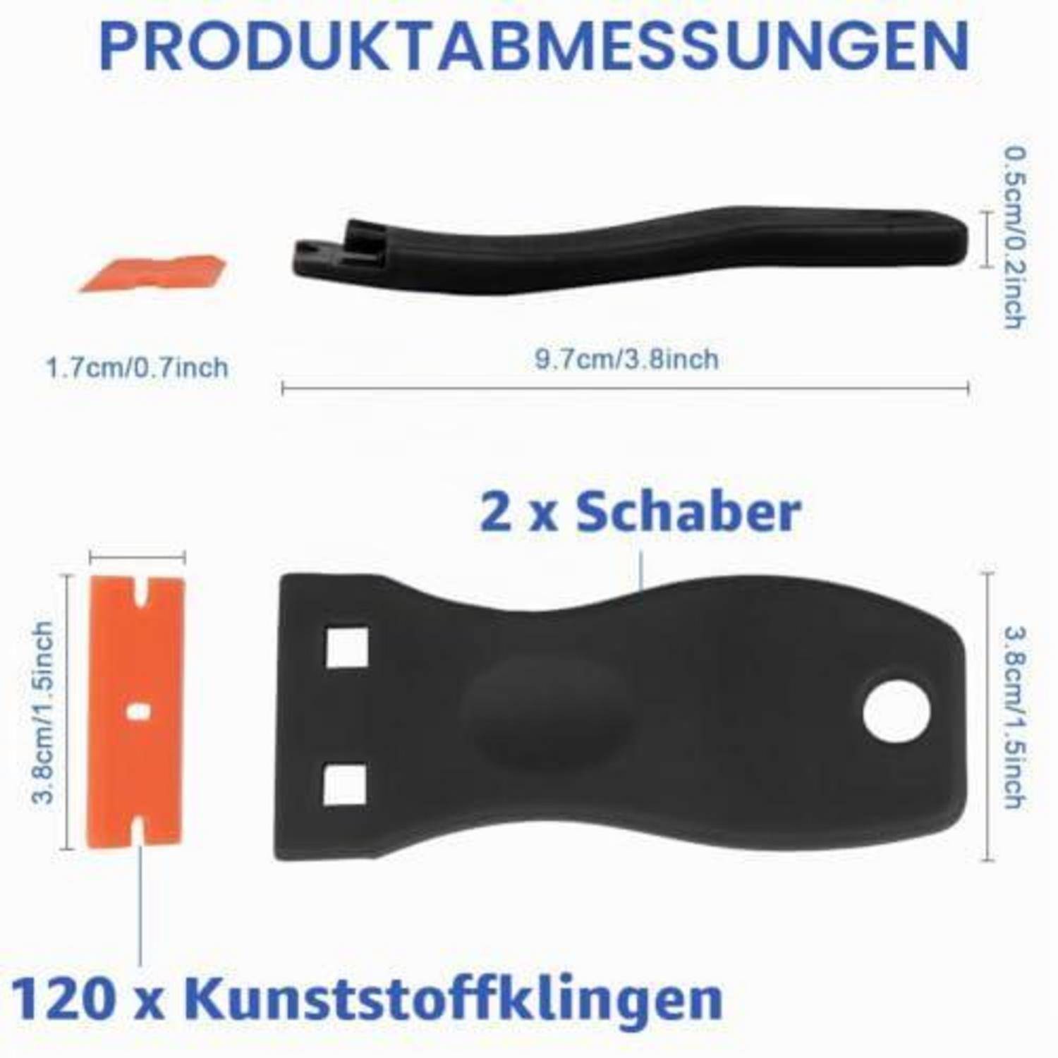 Produktdimensionsdiagramm mit zwei Schabern und 120 Kunststoffklingen, mit Messwerten in Zentimetern und Zoll gekennzeichnet.