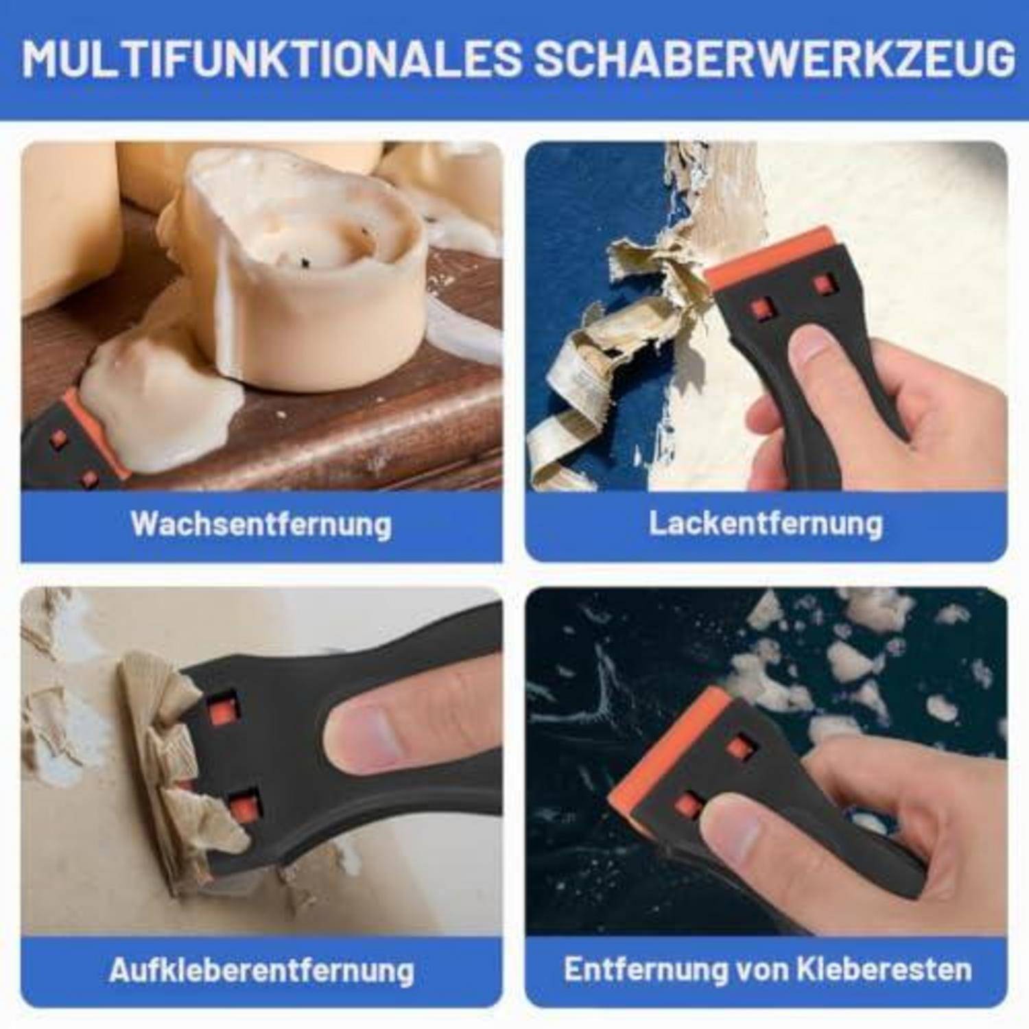 Vier-Panel-Anzeige für ein Multifunktionswerkzeug mit Wachsentfernung, Lackentfernung, Aufkleberentfernung und Klebstoffrückstandentfernung.