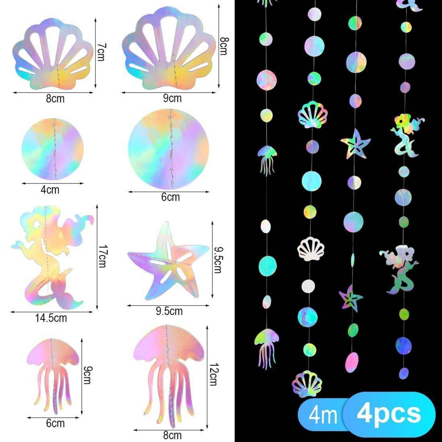 Satz aus 4 holografischen hängenden Dekorations-Girlanden in Meeresthema-Formen, gezeigt mit einzelnen Teilen und Größen, je 4 m lang.