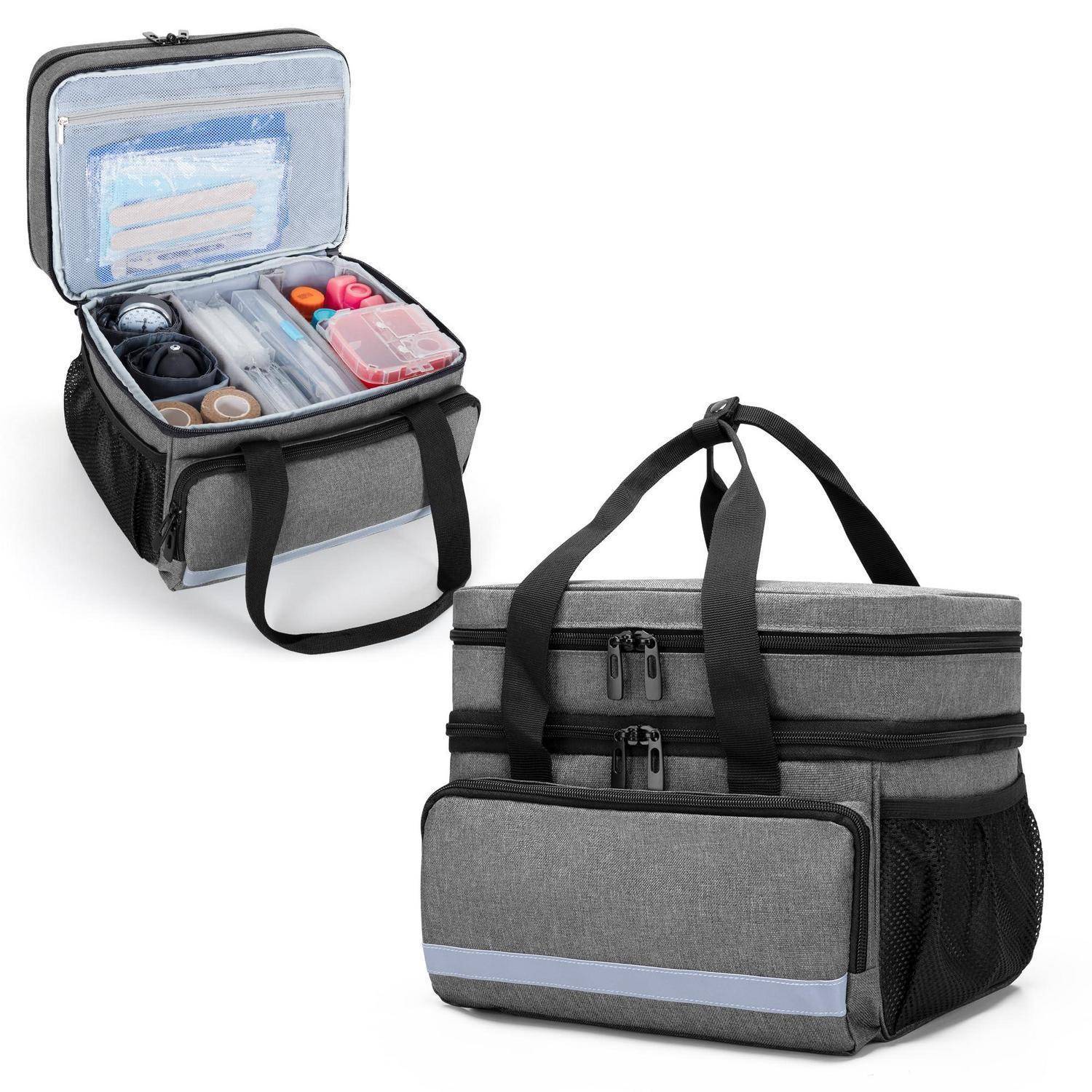 Graue isolierte Lunch-Kühlertasche, offen dargestellt mit Lebensmittelbehältern und Zubehör, sowie geschlossene Tragetasche mit Griffen und Vordertasche.