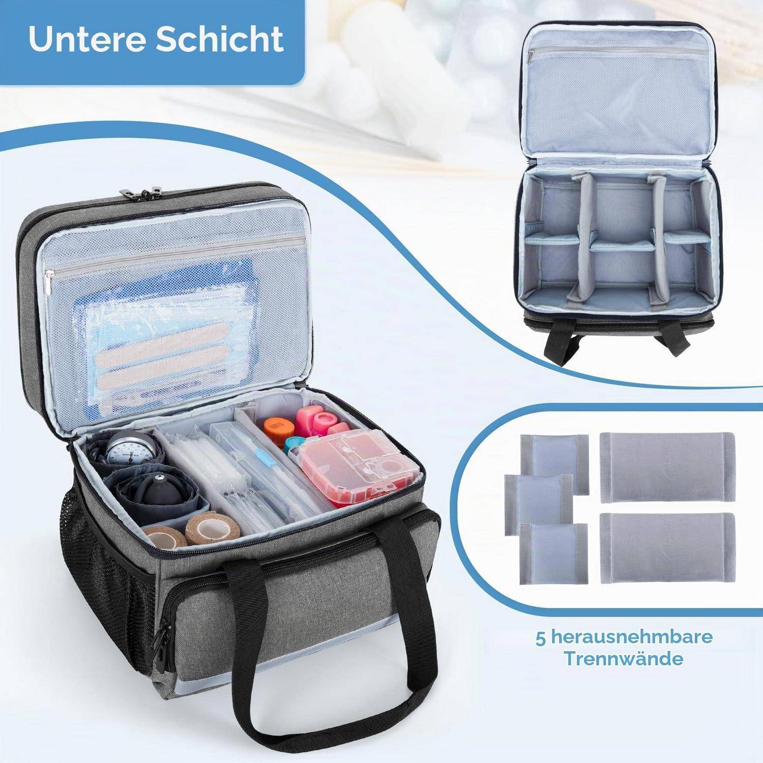 Isolierte Lunchbox mit Unterfach, verstellbaren Trennwänden und abnehmbaren Fächern; Detailansicht zeigt organisiertes Inneres und fünf Trennpaneele.