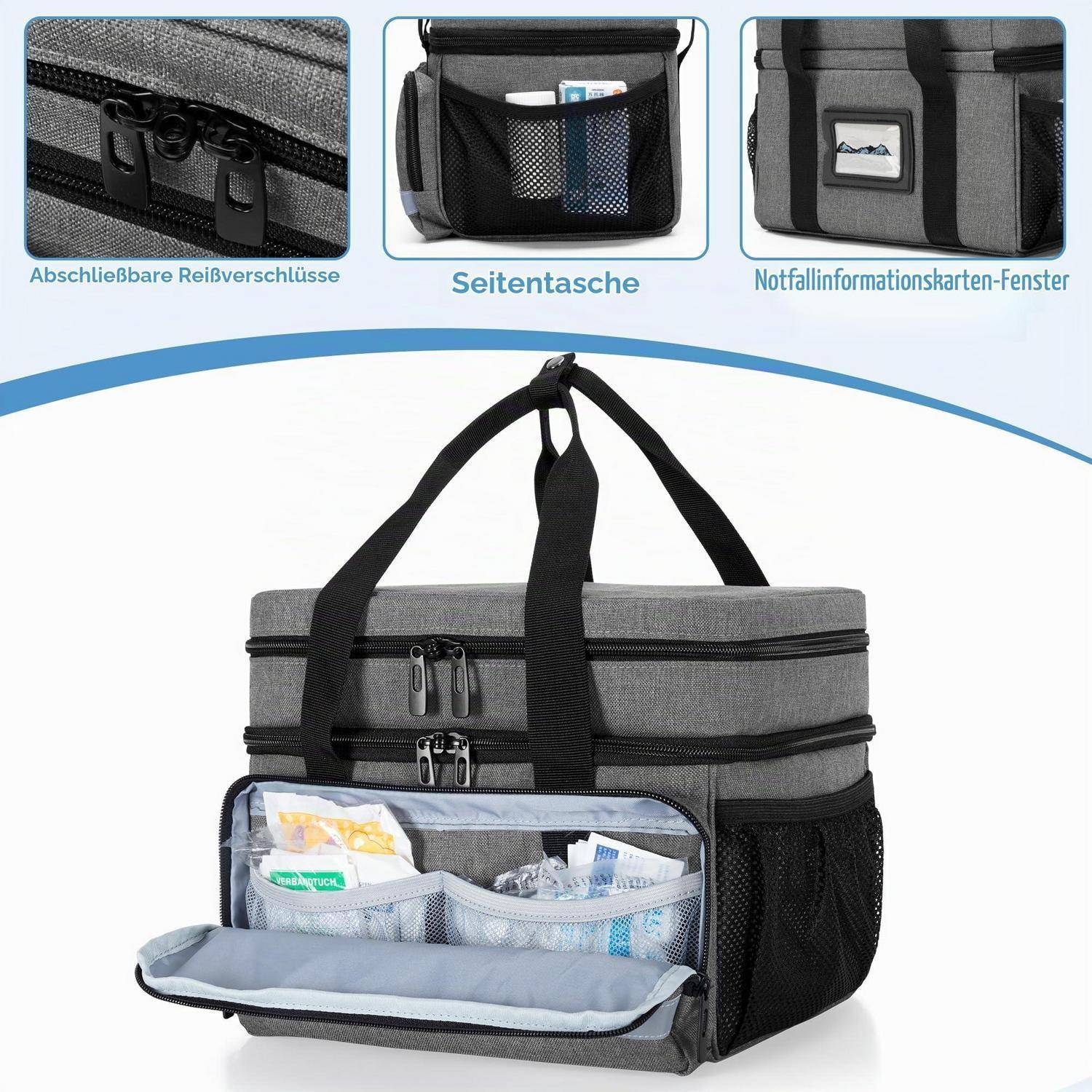 Graue isolierte Kühlertasche mit Schultergurten, Vordertasche, seitlicher Netztasche und Kartenfenster; eingefügte Nahaufnahmen heben diese Merkmale hervor.