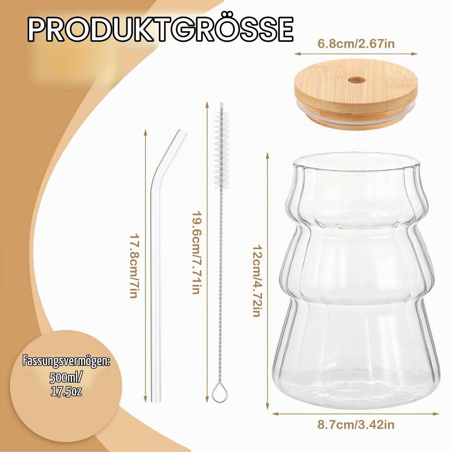 Produktgrößendiagramm einer 500-ml-Glastasse mit Holzdeckel, Strohhalm und Reinigungsbürste, mit Maßen in cm und Zoll beschriftet.