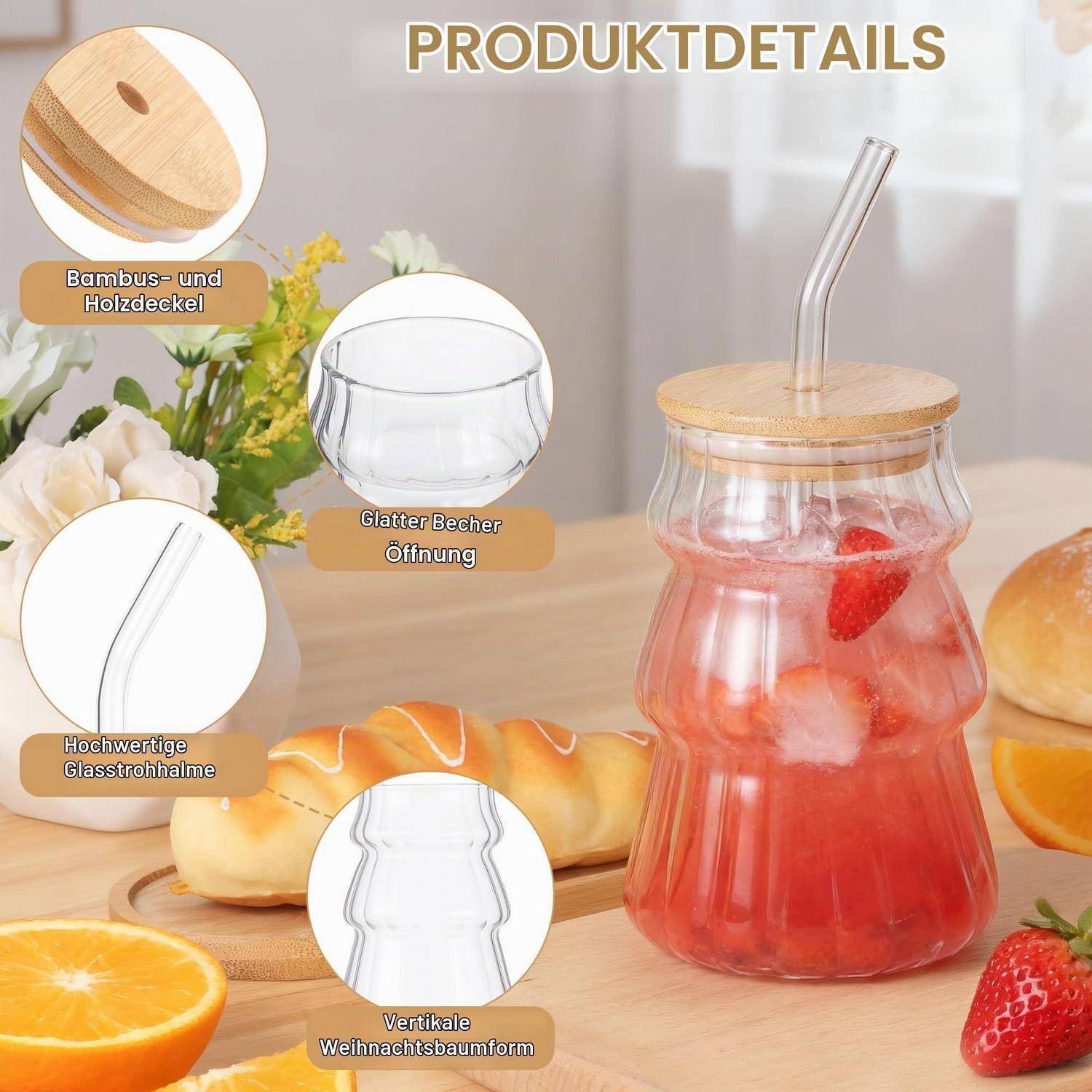 Produktdetailgrafik mit geripptem Glastumbler mit Bamboodeckel und Glashahn, plus Callouts für glatte Kante, langlebaren Glashahn und vertikale Weihnachtsbaumform.