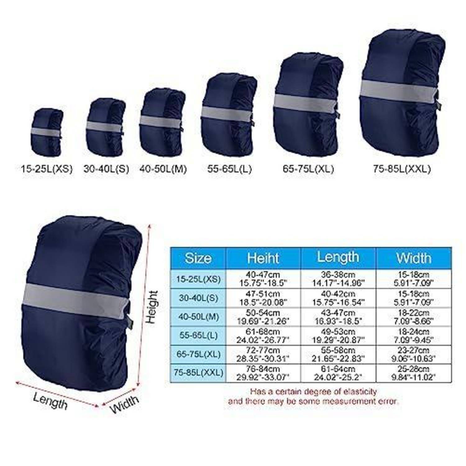 Größentabelle für Rucksack-Regenschutze, die sechs Größen von 15-25 L (XS) bis 75-85 L (XXL) zeigt, mit Höhen-, Längen- und Breitenmessungen.
