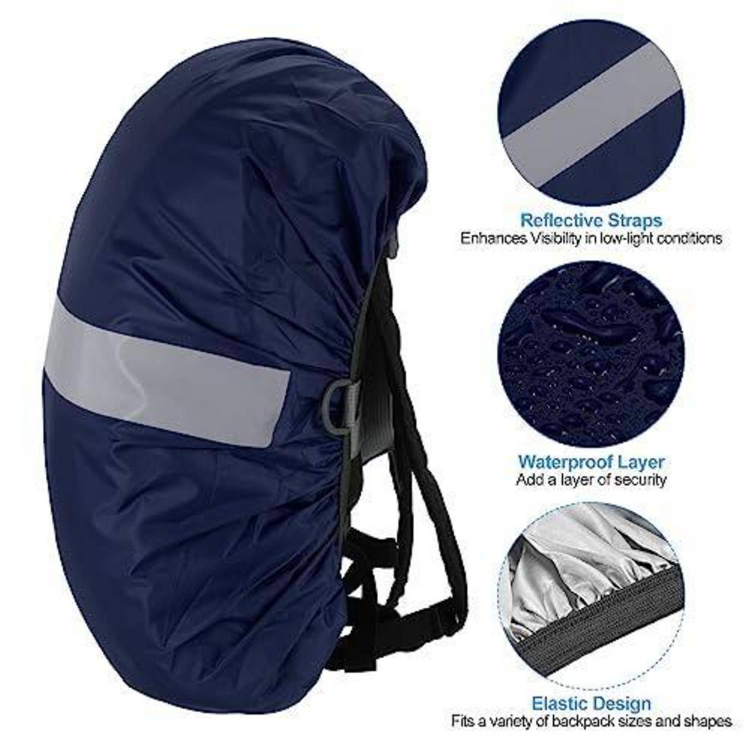 Blauer Rucksack-Regenschutz mit reflektierenden Riemen, wasserdichter Schicht und elastischem Design, gezeigt mit detaillierten Funktionshinweisen.