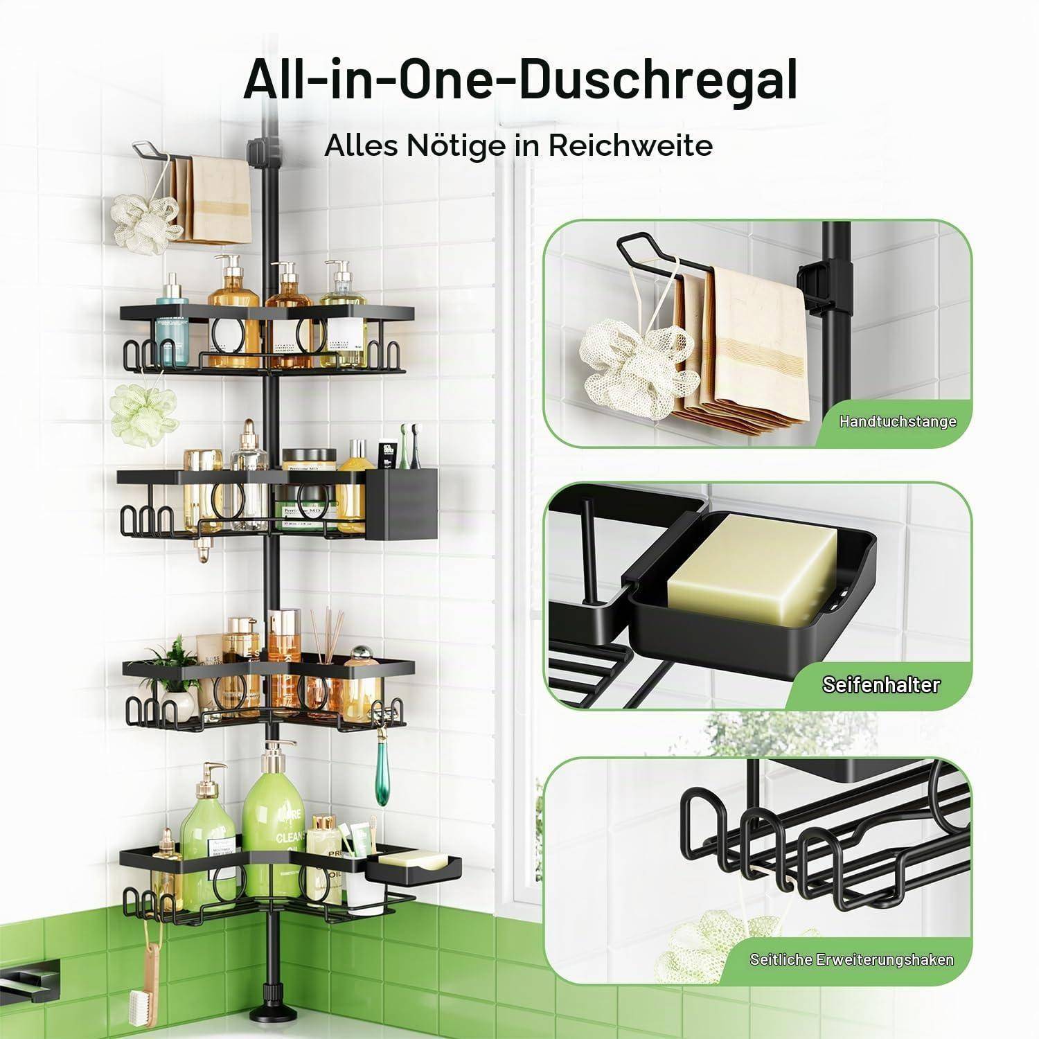 Produkt-Anzeige für ein "All-in-One-Duschregal"" Duschablagen-System an einer Spannstange, mit mehreren Fachböden und Nahaufnahmen einer Handtuchstange, Seifenhalter und seitlichen Haken.