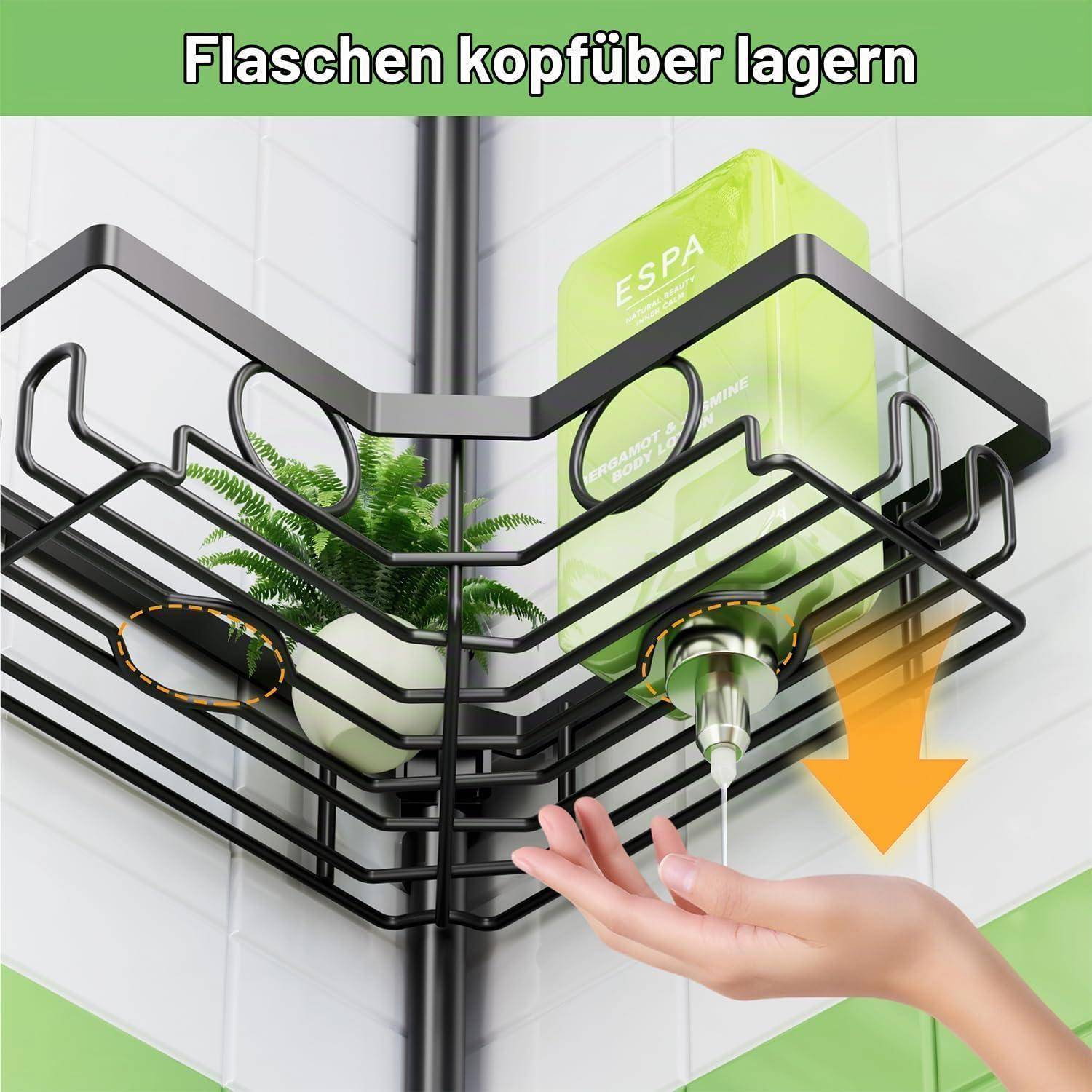 Diagramm eines wandmontierten Dusch-Caddy mit Flaschen, die kopfüber gelagert sind; das Etikett sagt „Flaschen kopfüber lagern" und ein Pfeil zeigt Flüssigkeit, die abwärts in eine Hand fließt.