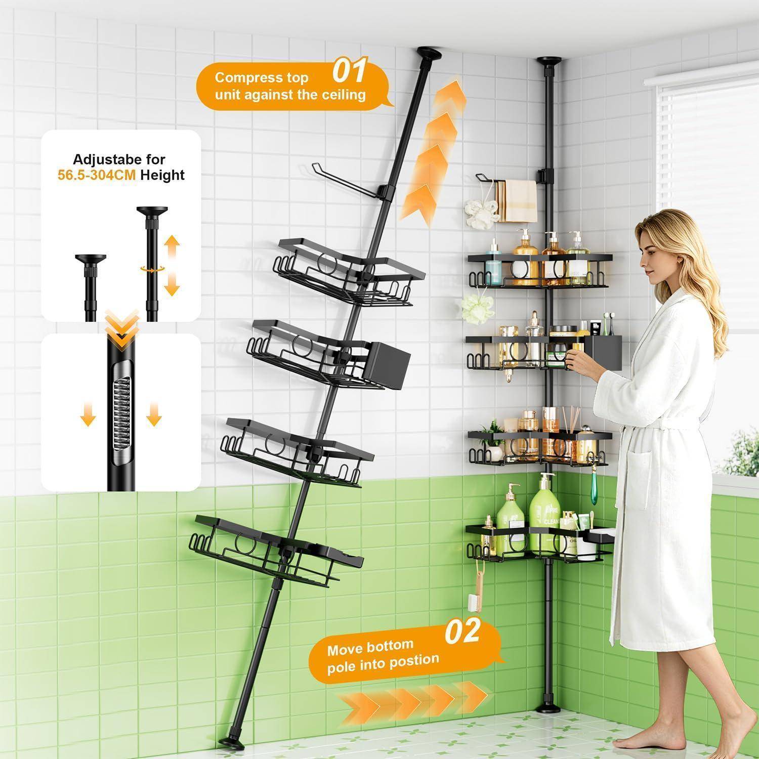 Illustration eines verstellbaren Eckduschwagens: Oberstange an die Decke drücken, Unterstange ausstrecken, um eine Höhe von 56,5–304 cm zu erreichen, dann Regale auf der Stange platzieren.