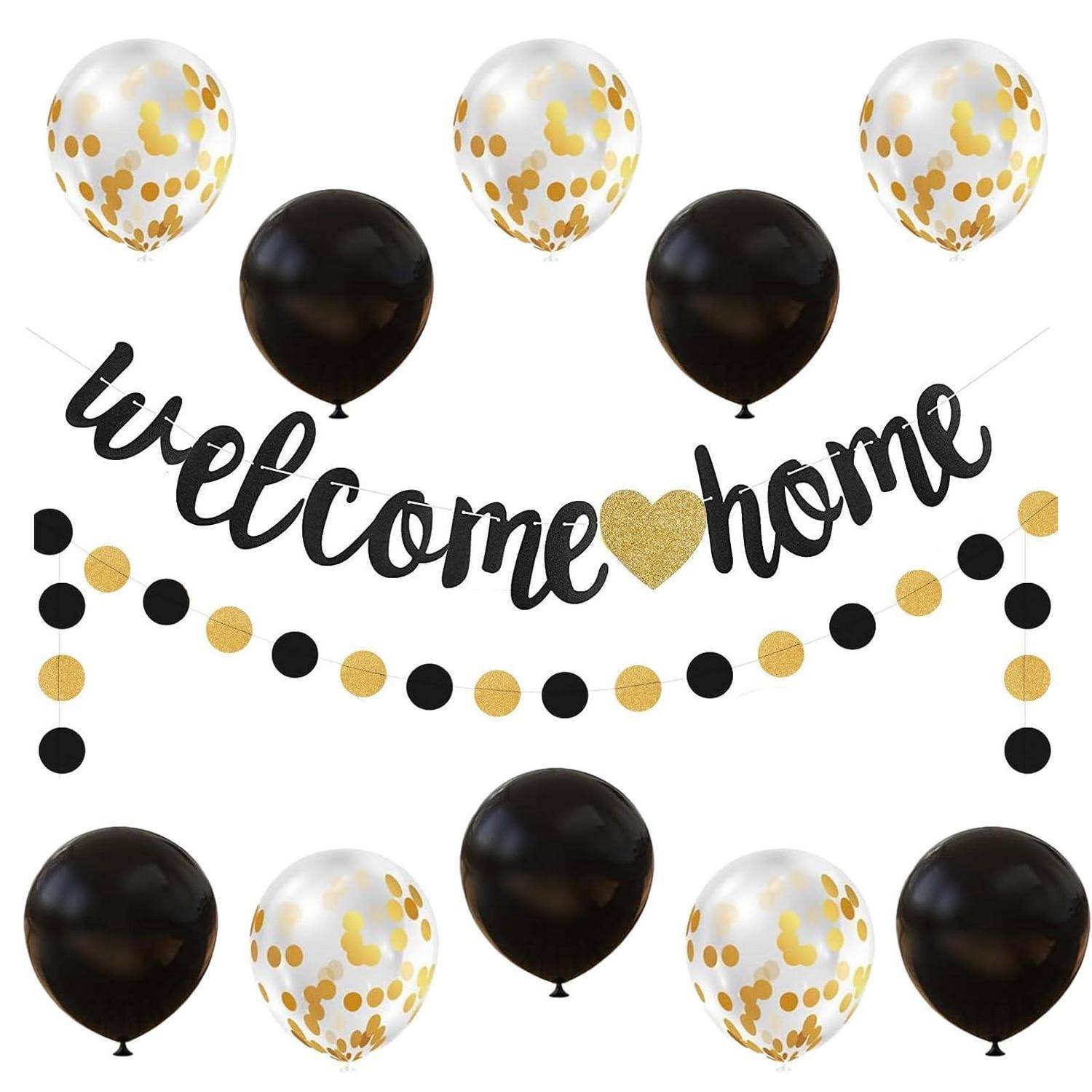 Dekoratives Willkommensheimkeits-Partybanner mit schwarzer und goldener Ballongirlande, Konfetti-Ballons und Schrifttext „Willkommen zu Hause
