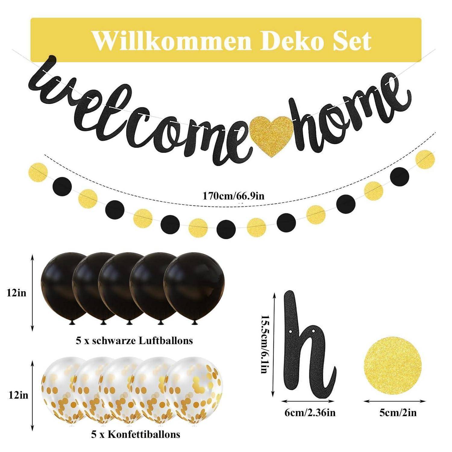 Werbebild eines Willkommens-Dekorationssets: schwarzes Schriftbanner „welcome home" mit goldenem Herz, schwarz-goldige Girlande, 10 Ballons und schwarzer „H""-Ausschnitt mit Größenangaben.