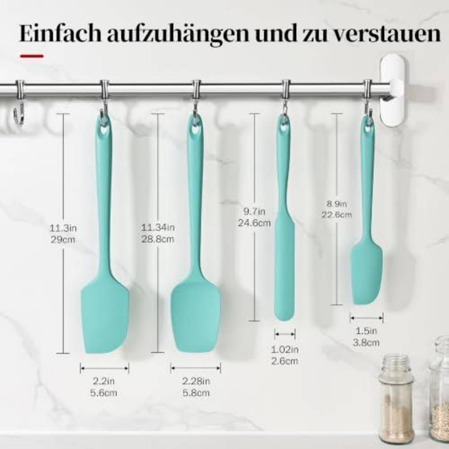 Anzeigenbild für hängende Silikon-Küchenutensilien auf einer Wandschiene, das vier türkisfarbene Werkzeuge mit Abmessungen in Zoll und Zentimetern zeigt.