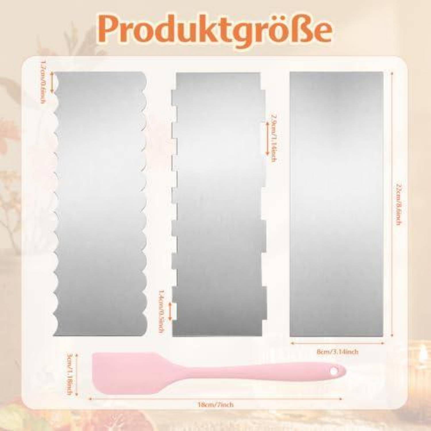 Produktgrößen-Diagramm mit drei grauen gestanzten Panelformen und einem rosa Spatel, beschriftet mit Abmessungen in Zentimetern und Zoll.