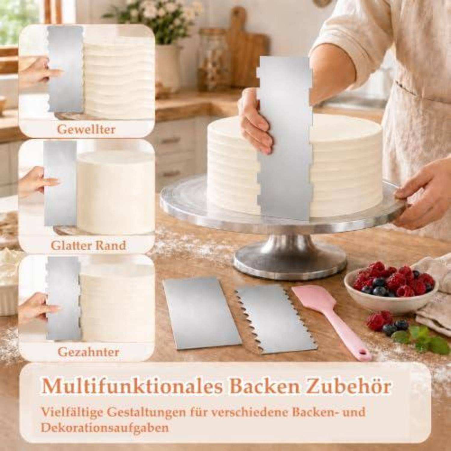Person, die einen weiß glasierten Kuchen mit einem Metall-Glättungsspatel verziert; seitliche Panels zeigen Kantenoptionen mit den Beschriftungen „Gewellter