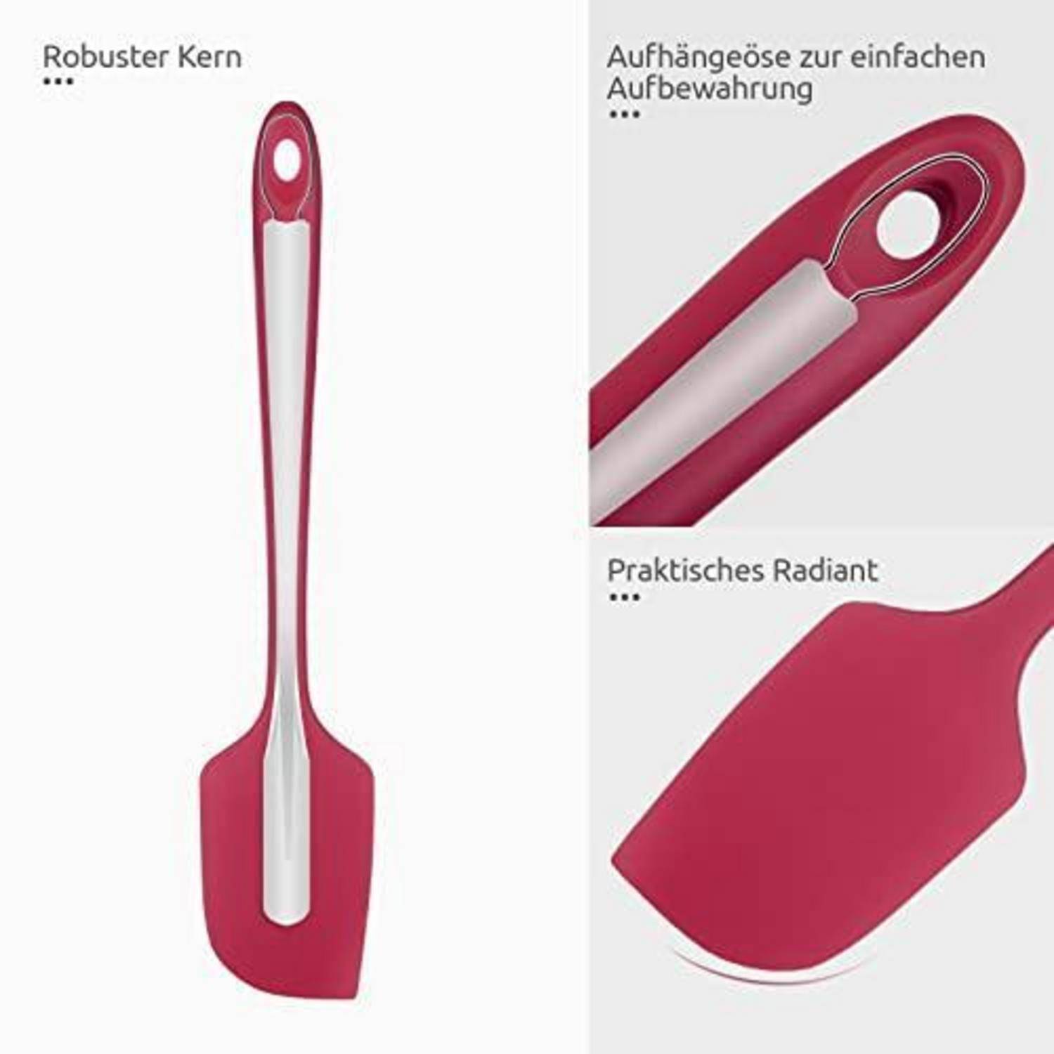 Rosa und graue Silikonspatel mit stabilem Kern, Aufhängeloch zur Aufbewahrung und flexible breite Klinge, dargestellt in drei Ansichten.