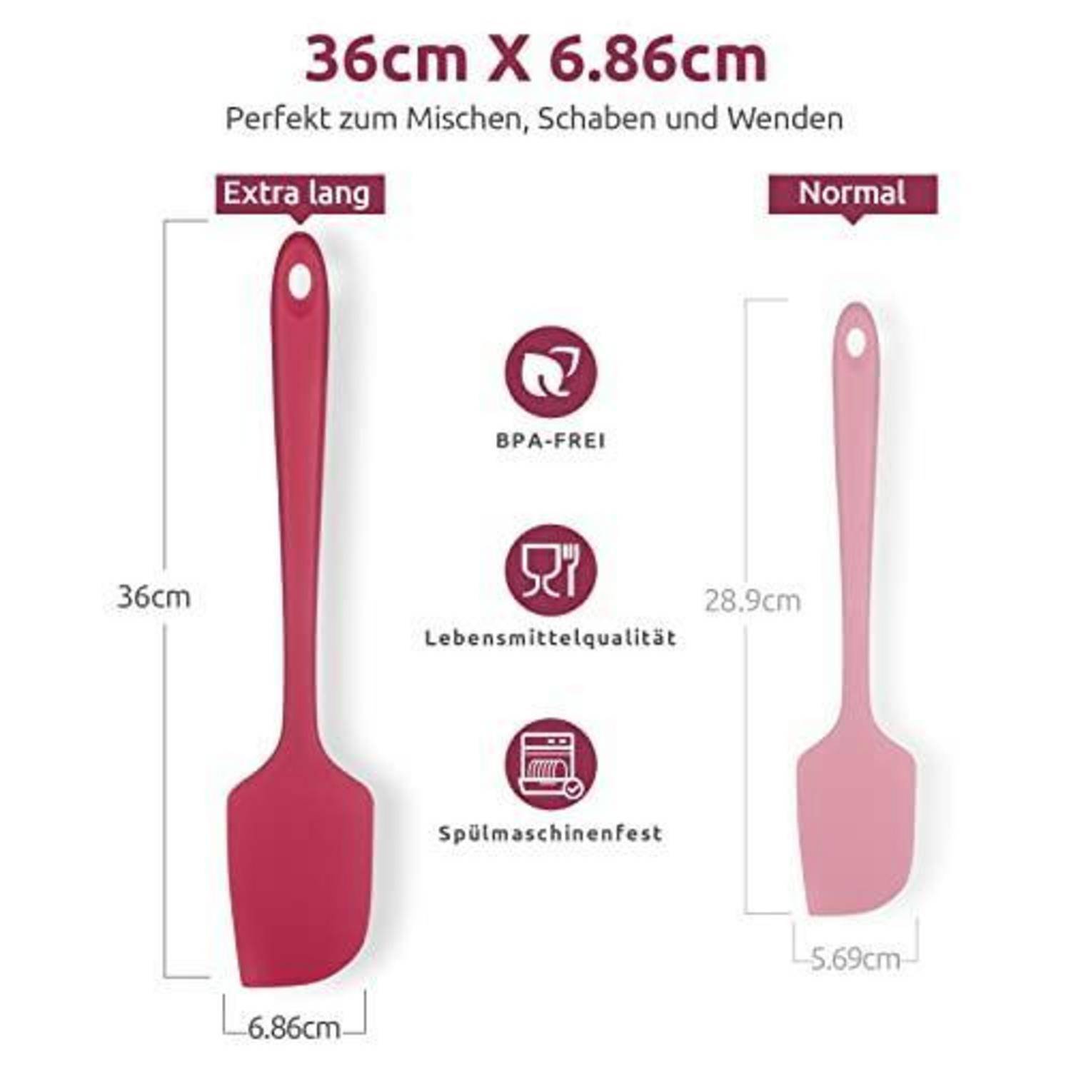 Vergleichsgrafik von zwei Silikonspachteln: extra lang 36 cm und normal 28,9 cm, beide gekennzeichnet als BPA-frei, lebensmittelgeeignet und spülmaschinenfest.