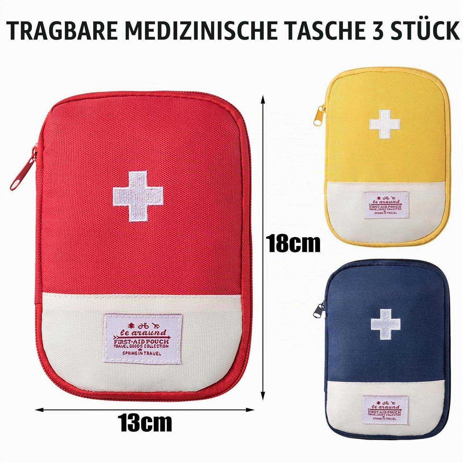 Drei tragbare medizinische Taschen in Rot, Gelb und Dunkelblau mit weißen Kreuzsymbolen, beschriftet mit einer Breite von „13cm" und einer Höhe von „18cm"".