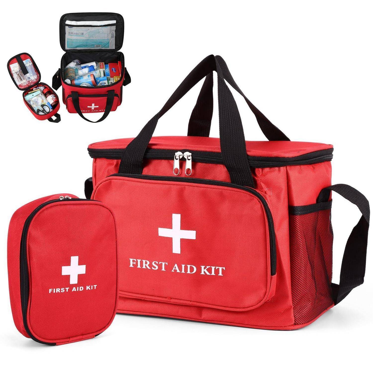 Rote Erste-Hilfe-Taschen mit weißem Kreuz und der Beschriftung „FIRST AID KIT", dargestellt geschlossen und geöffnet mit medizinischen Materialien im Inneren.