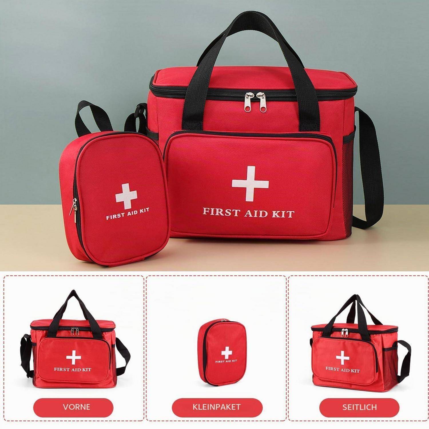 Rote Erste-Hilfe-Taschen und Beutel mit weißem Kreuz und Beschriftung „ERSTE-HILFE-KIT", gezeigt von vorne, von der Seite und als kleine Tasche.