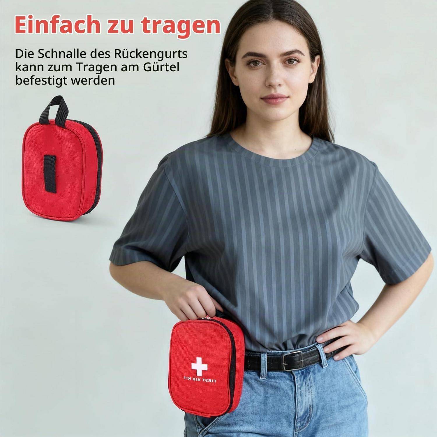 Frau hält eine rote Rückenstützen-Tasche; deutscher Text sagt "Leicht zu transportieren"" und dass die Rückenstütze zum Transport an einem Gürtel befestigt werden kann.