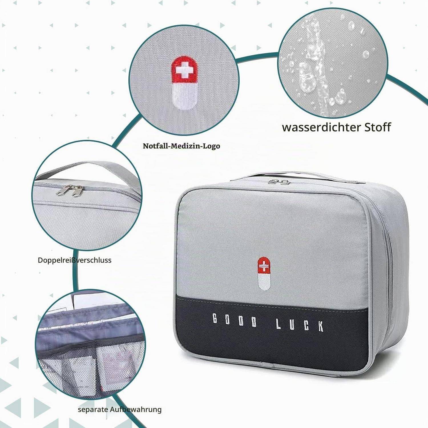 Wasserdichte Erste-Hilfe-Tasche mit Notfall-Medizin-Logo, doppelter Reißverschluss und separate Aufbewahrungsfächer; in Deutsch beschriftet.