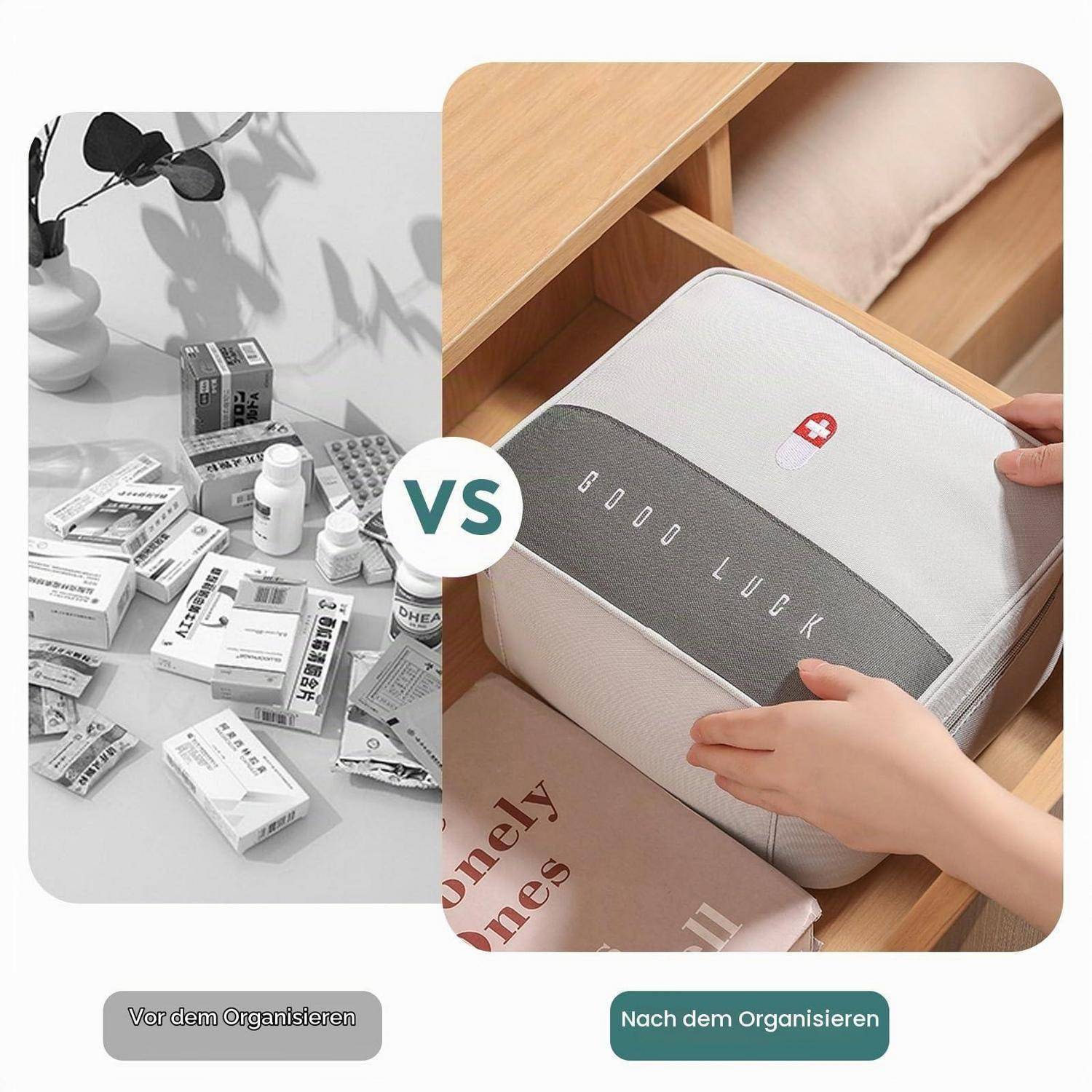 Geteilter Bildschirm Vorher-Nachher eines Medikamentenorganizers: auf der linken Seite ungeordnete Medikamente und auf der rechten Seite ein ordentlich gepacktes Reißverschluss-Etui mit der Aufschrift „DOOU LUCK", mit „VS"" dazwischen.