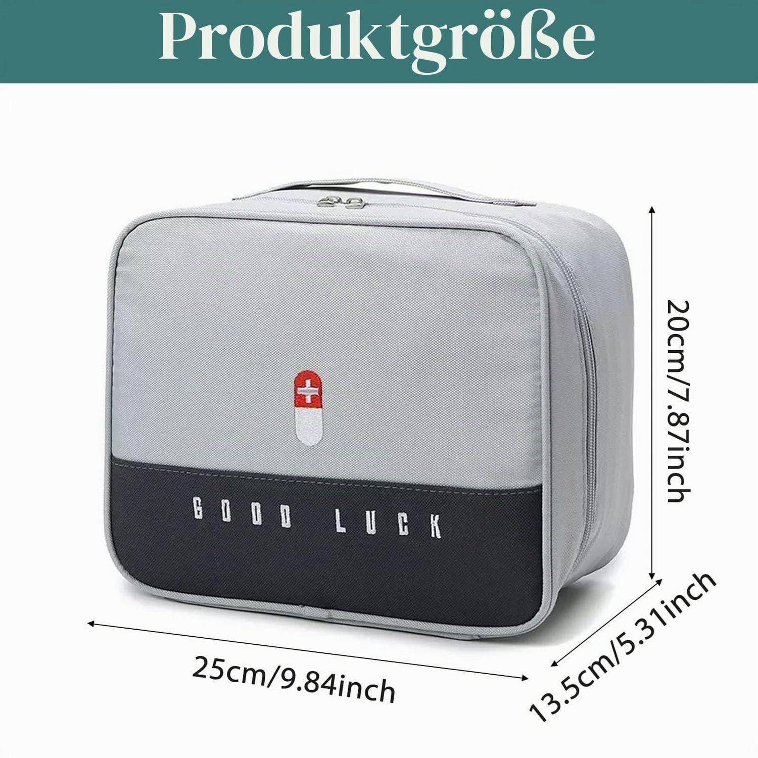 Grau-schwarze Reise-Kulturtasche mit Produktabmessungen: 25 cm breit, 20 cm hoch, 13,5 cm tief.