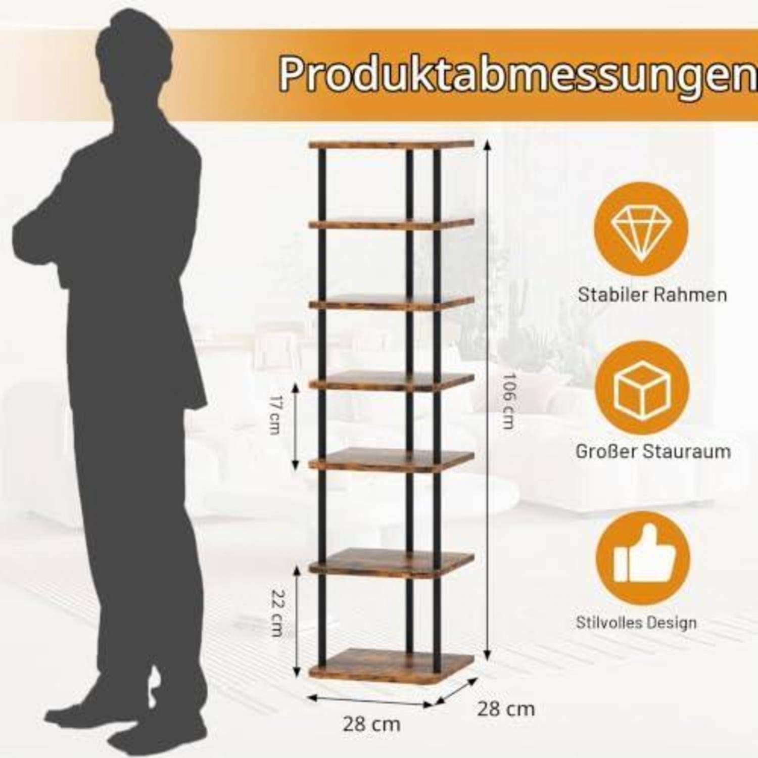 Produktabmessungen eines hohen 5-Fach-Eckregals: 106 cm hoch, 28 cm breit und tief; gekennzeichnet durch stabiles Gestell, großer Stauraum, stilvolles Design.