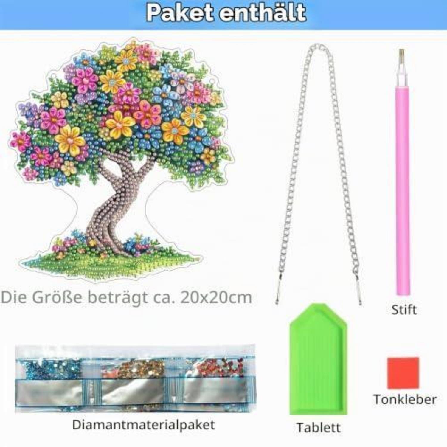 Inhalt des Diamantmalerei-Sets: Blumenbaumdesign, Kette, rosa Stylus, Edelsteinpackung, grünes Tablett und rote Klebepaste; Größe etwa 20x20 cm.