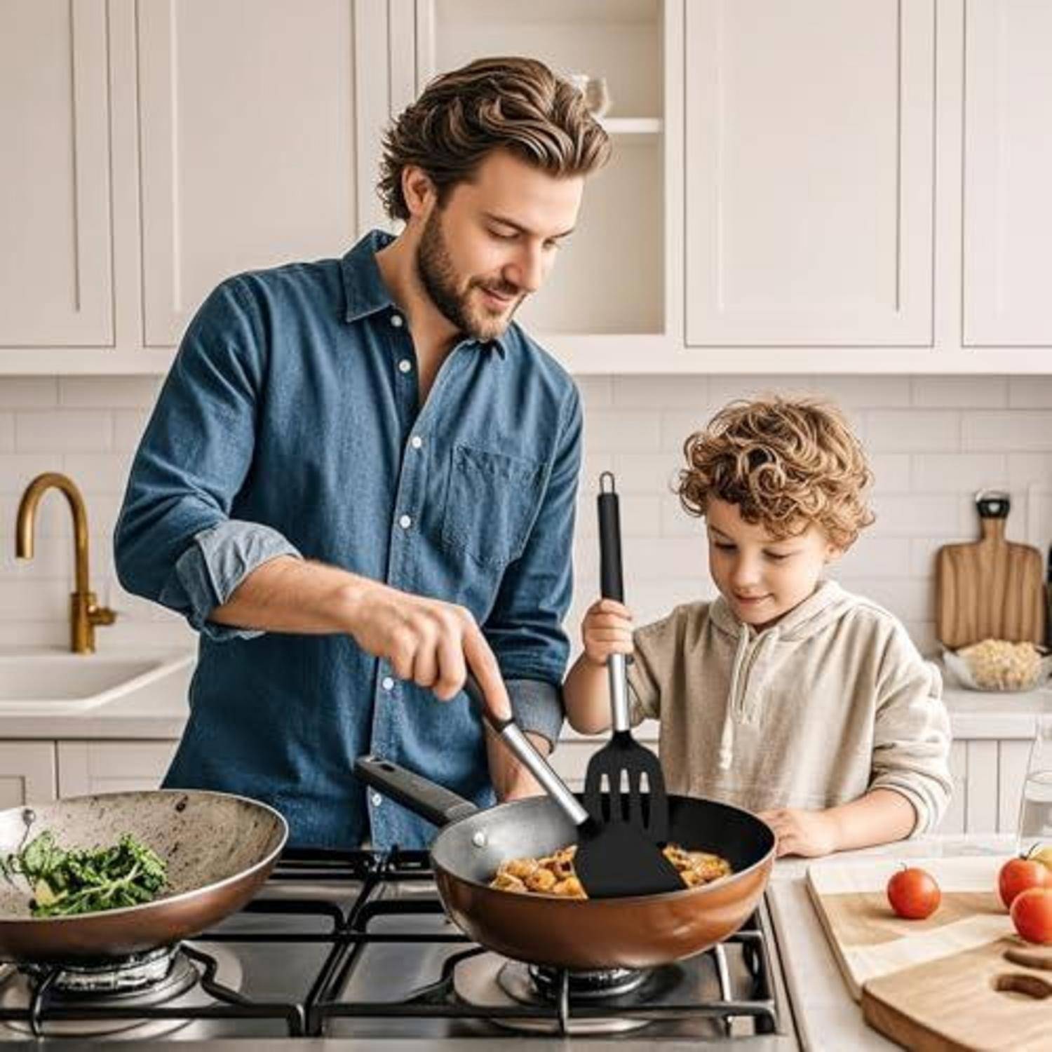 Ein Mann und ein kleiner Junge kochen zusammen an einem Küchenherd, rühren Speisen in einer Bratpfanne um, während Gemüse in der Nähe sitzt.