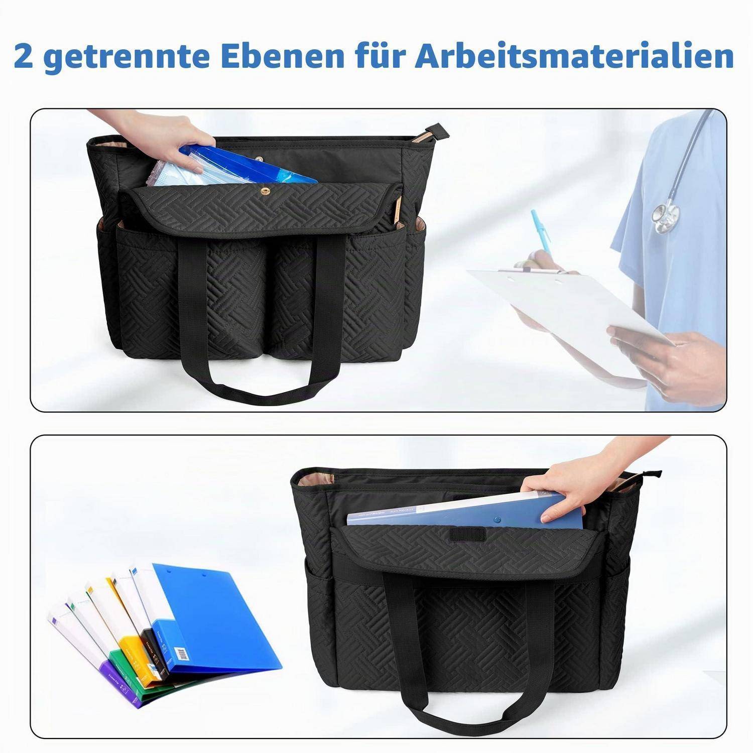 # Schwarze Arbeitstasche mit 2 separaten Fächern für Arbeitsmaterialien, mit Ordnern und Papieren, die hineingelegt werden.