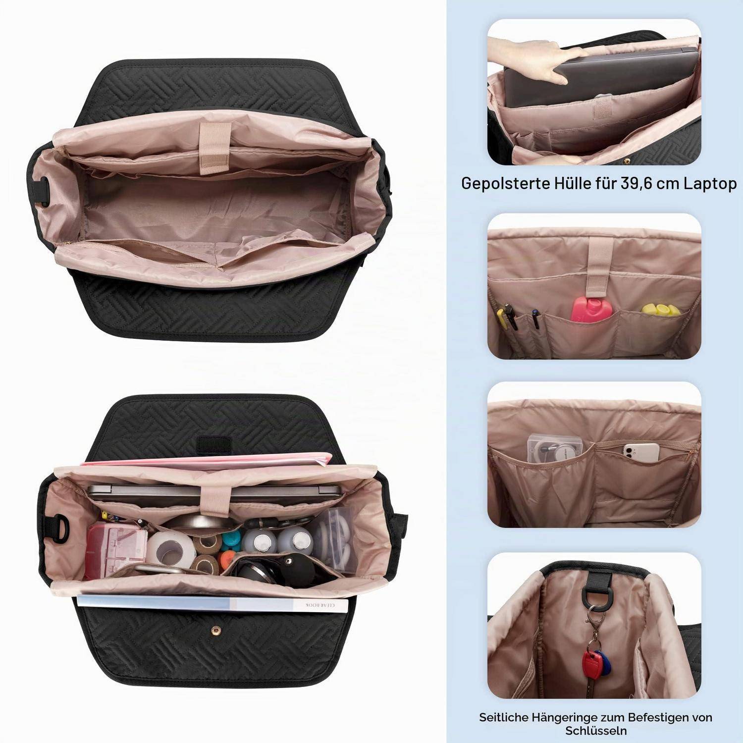 Gepolsterte Laptop-Schutztasche, geöffnet dargestellt, mit Fächern, Seitentaschen und Aufhängeschlaufen; Detailfotos zeigen die Passform für einen 39,6 cm Laptop und Speicherfunktionen.