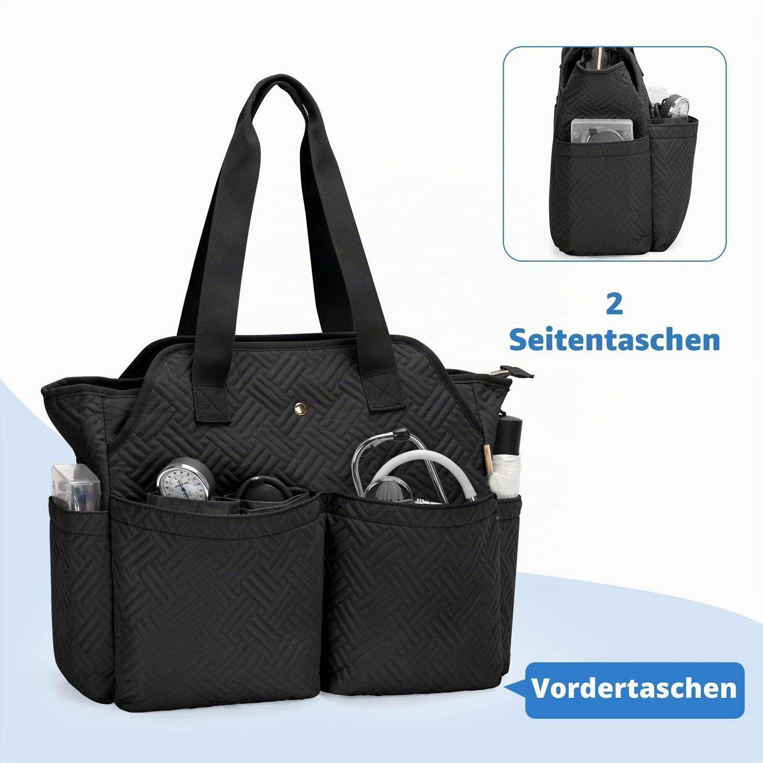 Schwarze gesteppte Tragetasche mit mehreren Taschen, gekennzeichnet mit 2 Seitentaschen und vorderen Taschen, abgebildet mit darin verstautem Inhalt.