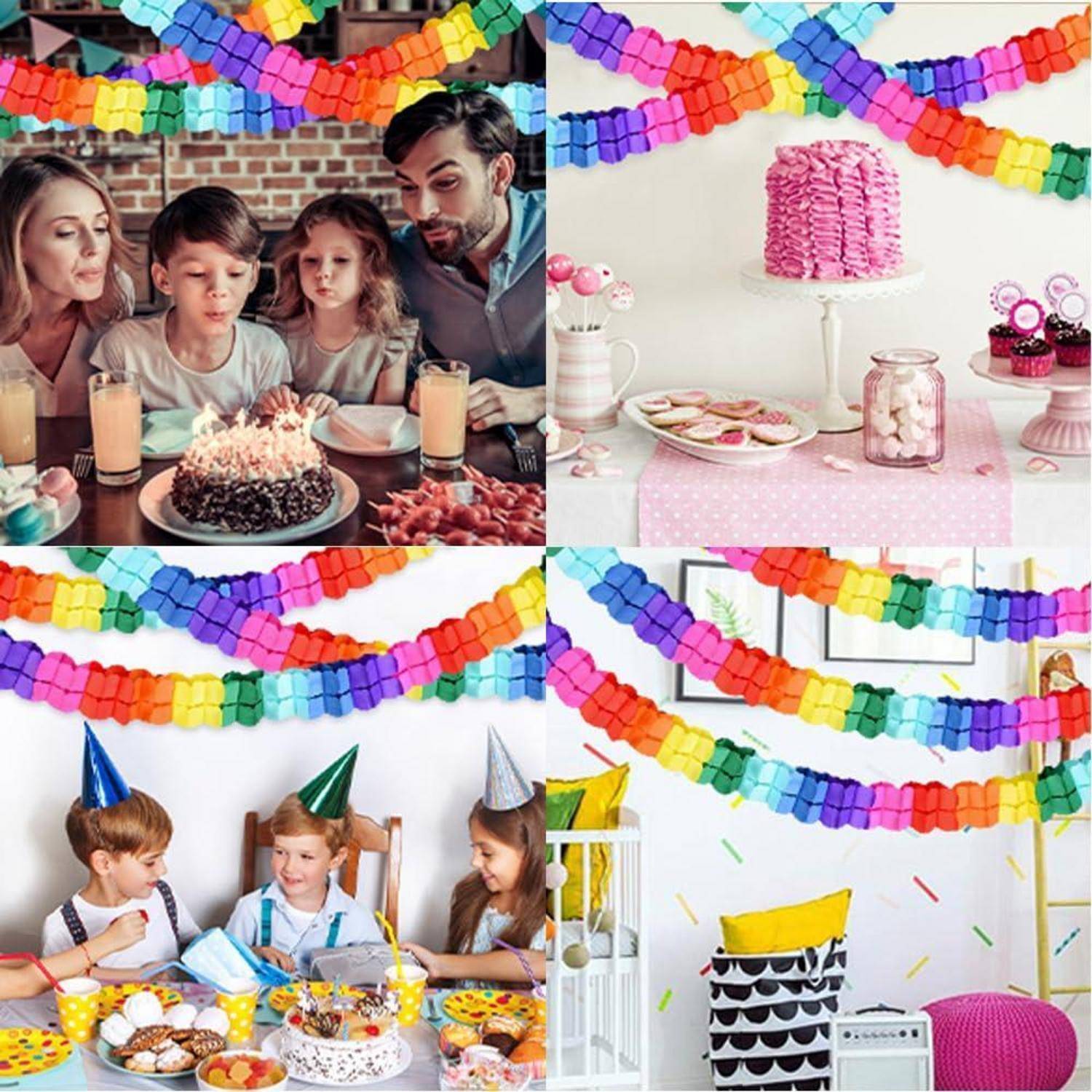 Collage aus bunten Geburtstagsfeier-Szenen: Familie und Kinder bei einem Kuchen mit Kerzen, Desserttisch und Kinder mit Partyhüten.