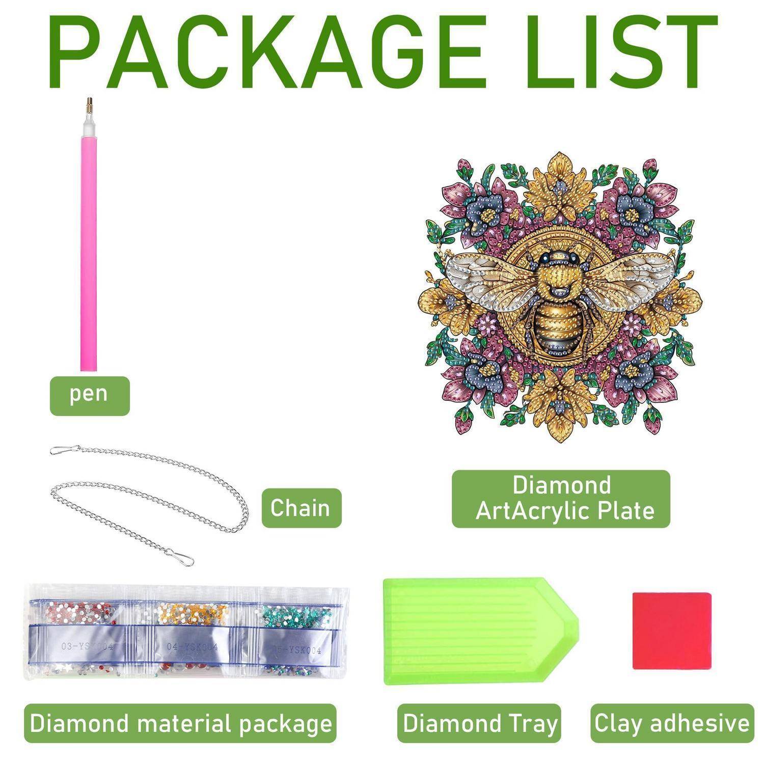Paketliste für ein Diamantkunst-Set mit einem Stift, einer Kette, einer Diamant-Acrylplatte mit Bienendesign, einem Diamantmaterial-Paket, einem Diamanttablett und Tonkleber.