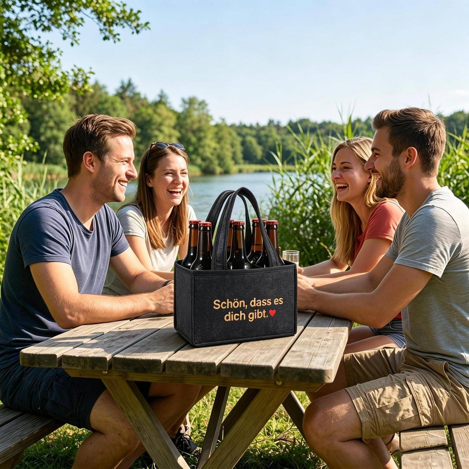 Vier Freunde lachen an einem Picknicktisch im Freien mit einer Geschenktasche mit Bierflaschen, die mit „Schön, dass es dich gibt" beschriftet ist, in der Mitte.
