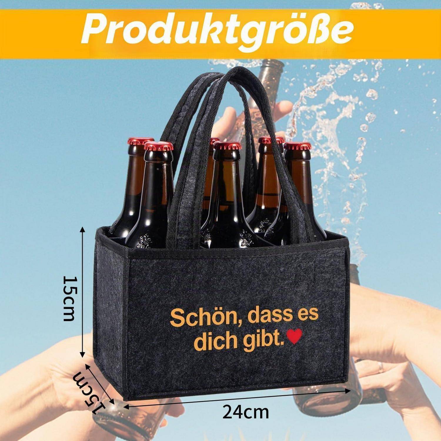 Produktgrößengrafik mit einer schwarzen Tragetasche für sechs Flaschen mit Flaschen; Abmessungen mit 24 cm Breite, 15 cm Höhe und 15 cm Tiefe beschriftet.