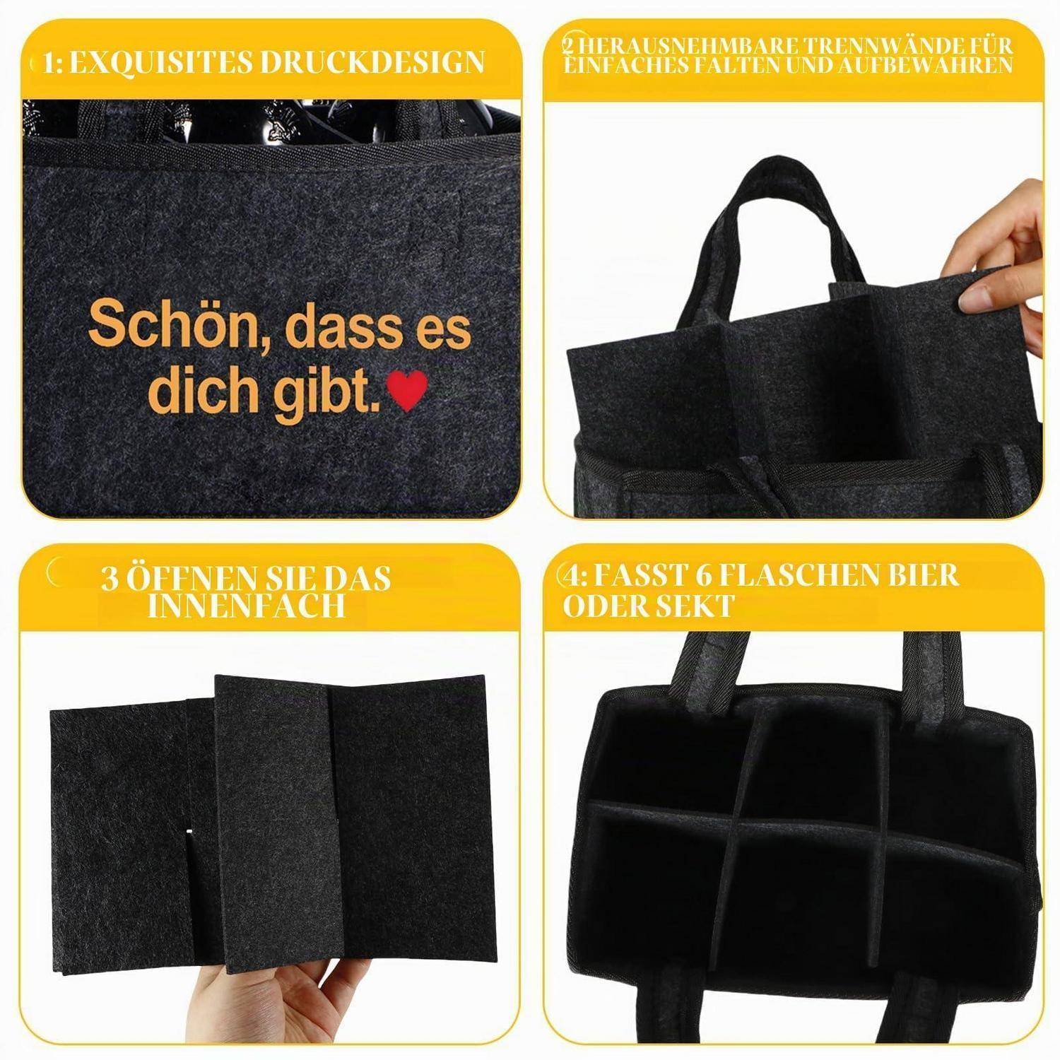 Flaschenträger Filz für 6 Flaschen 24x15x15 cm Schwarz