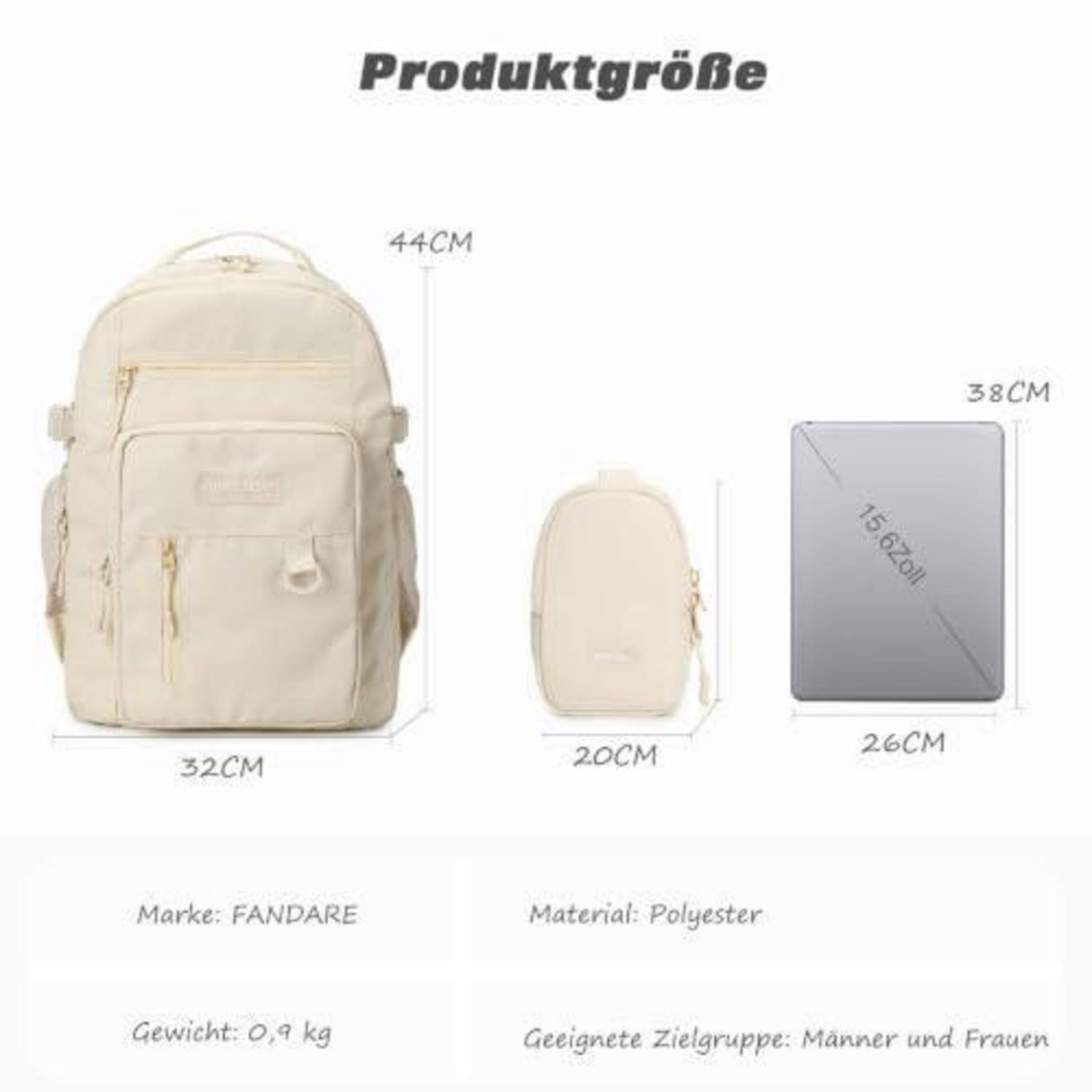 Größentabelle für einen beigen Rucksack: 44 cm hoch, 32 cm breit, 20 cm tief; passt für einen 15,6-Zoll-Laptop, Gewicht 0,9 kg, Polyester, für Männer und Frauen.