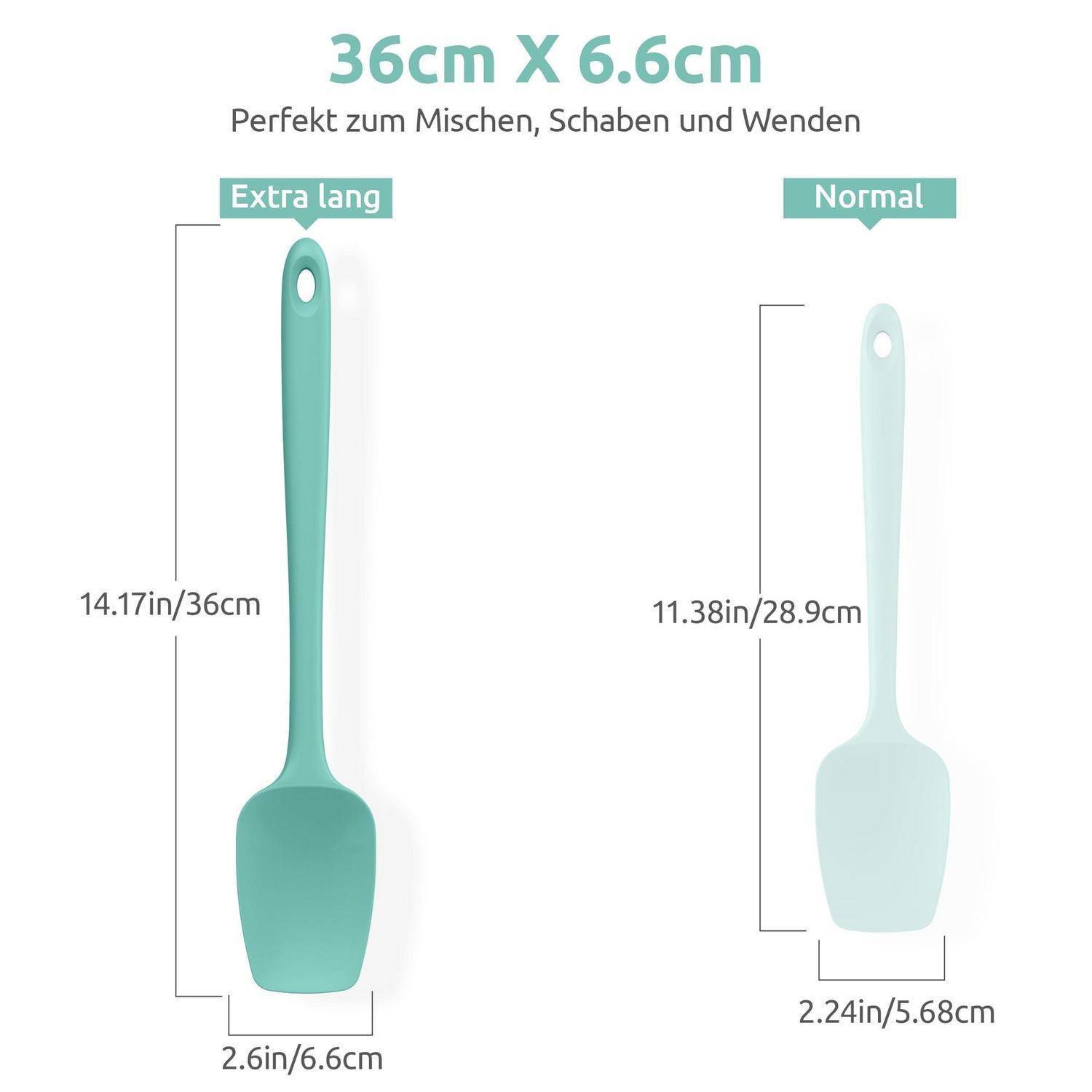 Vergleichsgrafik zweier Silikonspatel: extra lang 36 cm x 6,6 cm und normal 28,9 cm x 5,68 cm, gekennzeichnet zum Mischen, Kratzen und Falten.