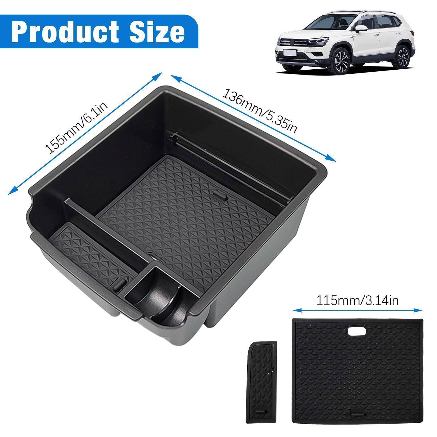 Produktgrößendiagramm für ein Autoverstauungsfach mit abnehmbarem Teiler und Deckel, das Abmessungen von 155 mm x 136 mm x 115 mm sowie ein kleines SUV als Größenvergleich zeigt.