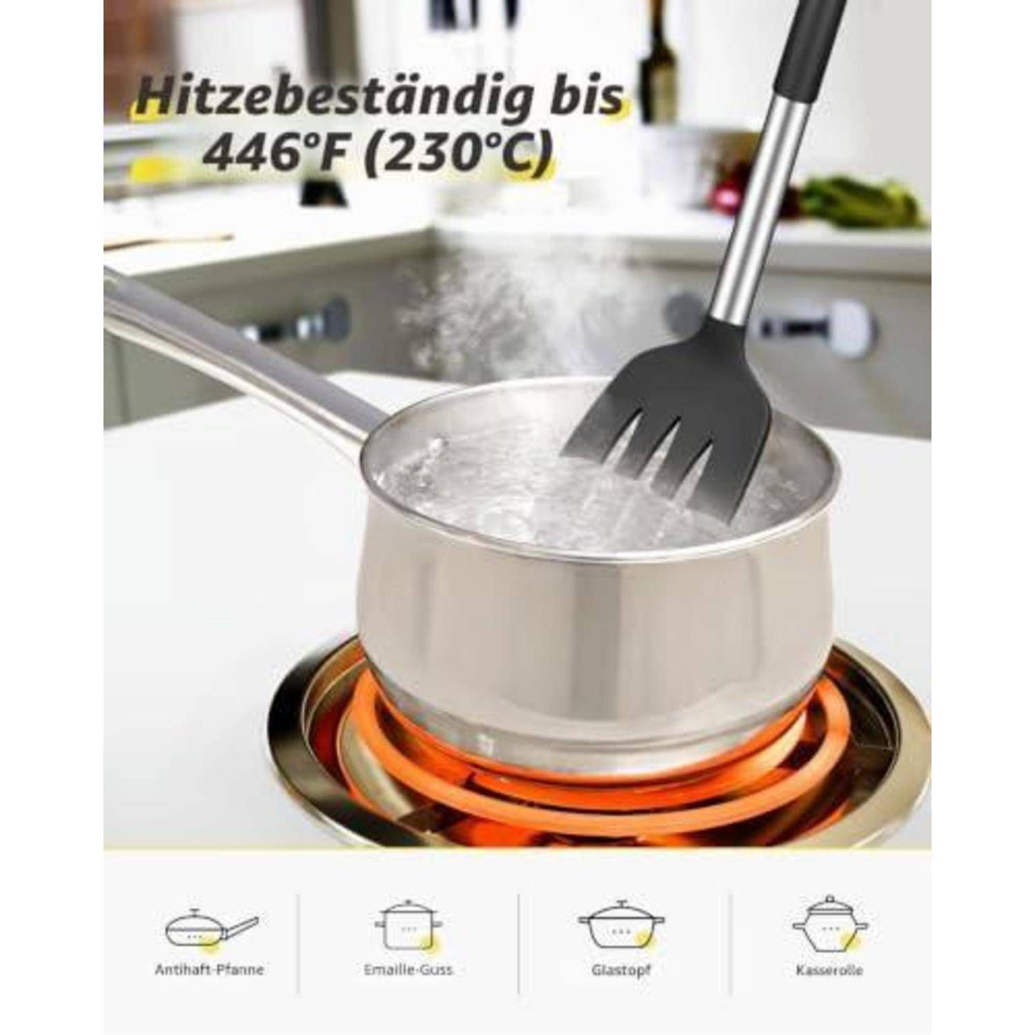 Hitzebeständiges Küchenutensil im kochenden Topf auf dem Herd, mit der Beschriftung „Hitzebeständig bis 446°F (230°C)