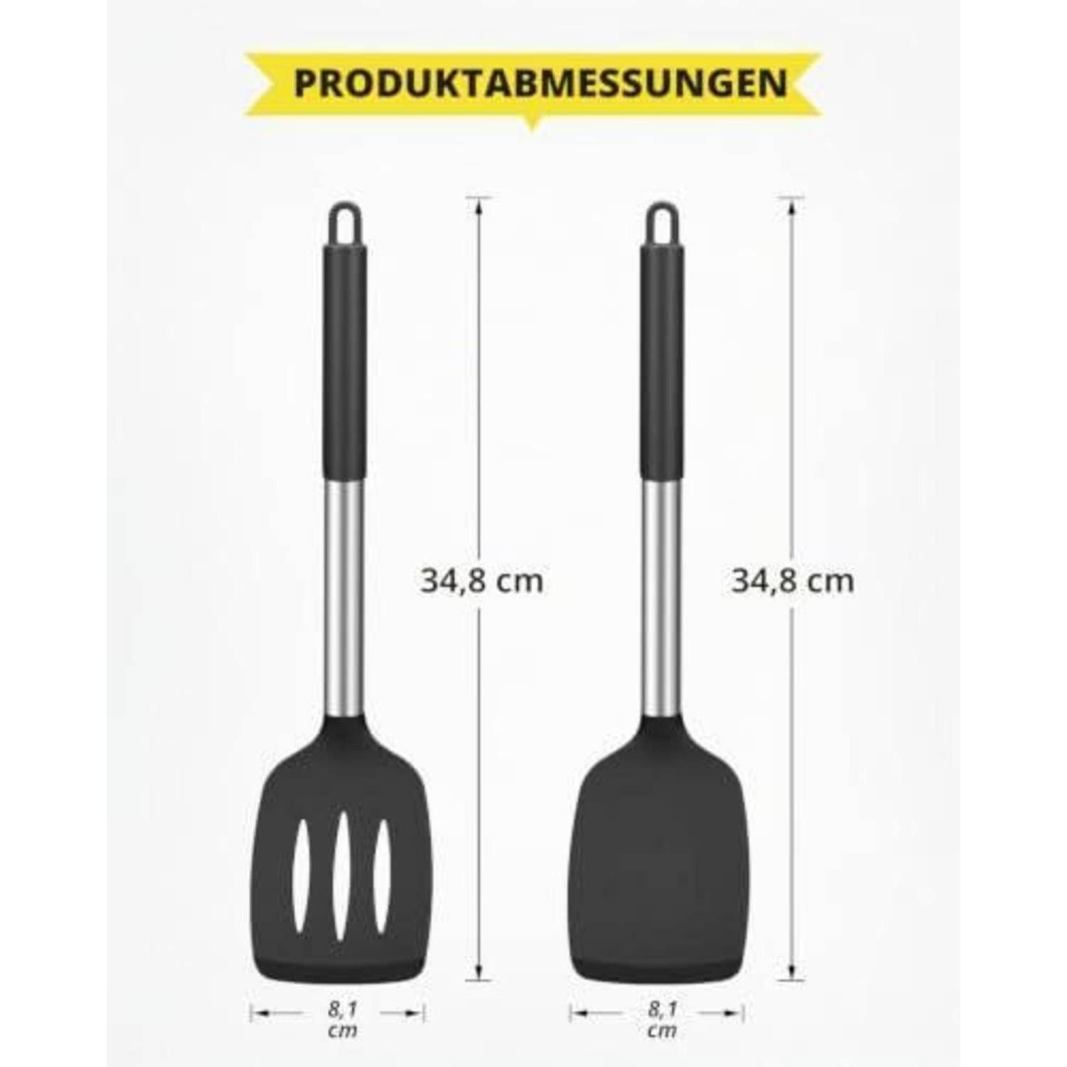 Produktmaße-Diagramm mit einem schwarzen Schlitzspatel; Gesamtlänge 34,8 cm und Kopfbreite 8,1 cm.
