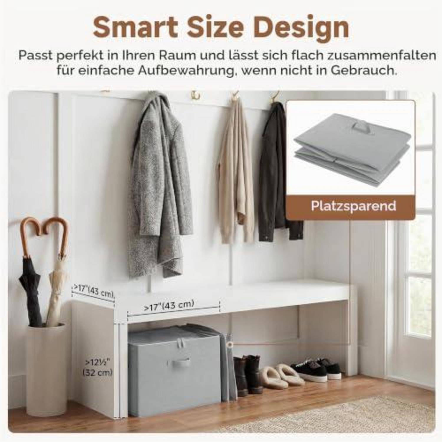 Werbebild einer kompakten klappbaren Hallenbank mit Stauraum, dargestellt, wie sie in einen kleinen Flur passt, und gekennzeichnet mit 