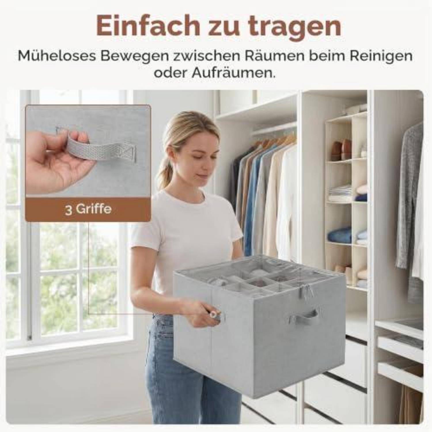 Frau trägt eine graue Aufbewahrungsbox in einem Schrank; die Vergrößerung zeigt den Griff mit der Aufschrift „3 Griffe