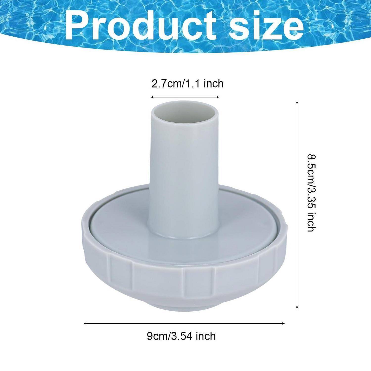 Größendiagramm des Produkts zeigt ein graues zylindrisches Kunststoffteil, 9 cm breit und 8,5 cm hoch, mit einer 2,7 cm breiten oberen Öffnung.