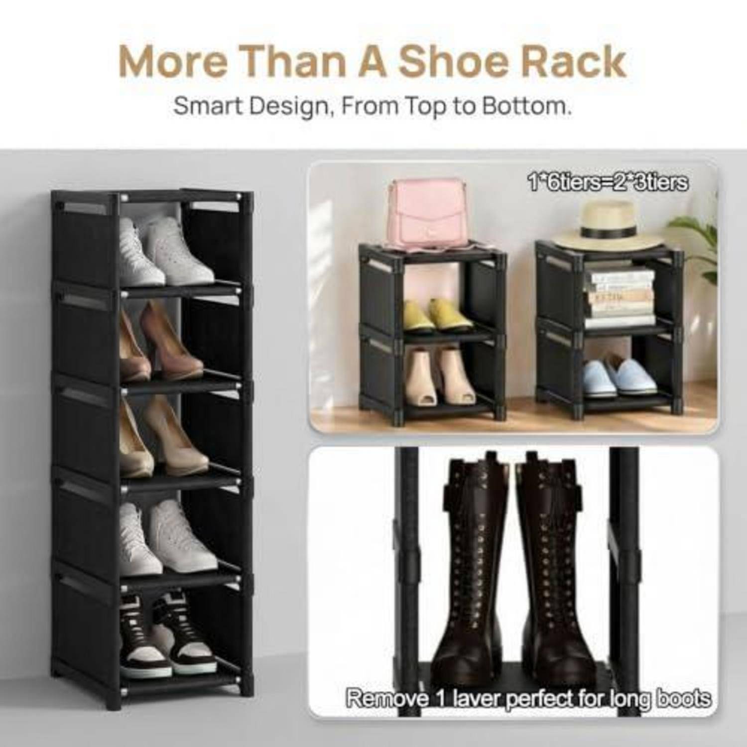 Werbebild eines modularen schwarzen Schuhregal, das von 3 bis 6 Ebenen gestapelt werden kann und auch für Taschen und Stiefel verwendet wird; Text sagt „Mehr als nur ein Schuhregal" und „Intelligentes Design, von oben bis unten."